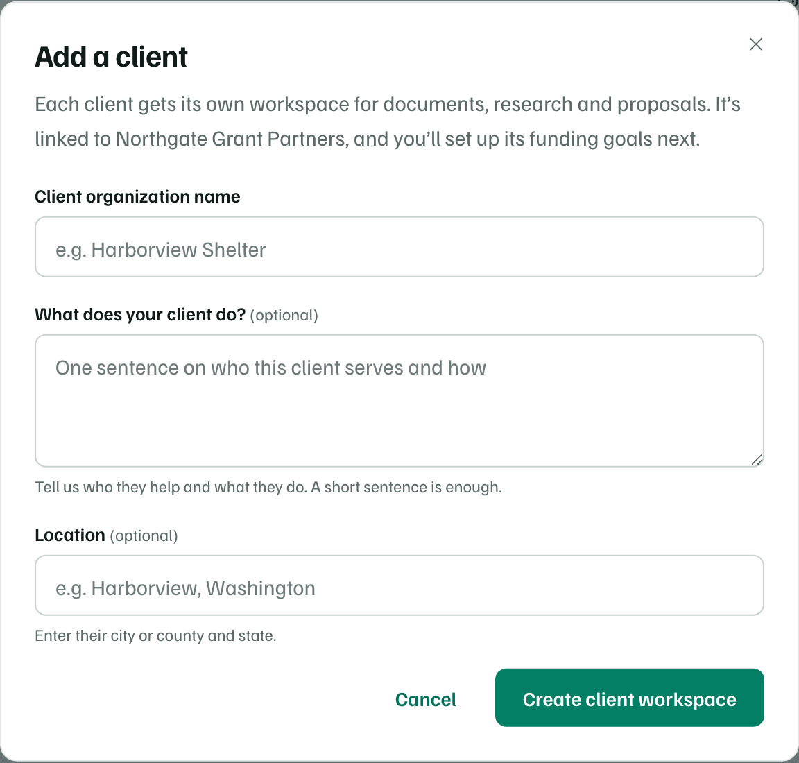 The Add a client dialog: Client organization name, What does your client do? and Location, with Cancel and Create client workspace.