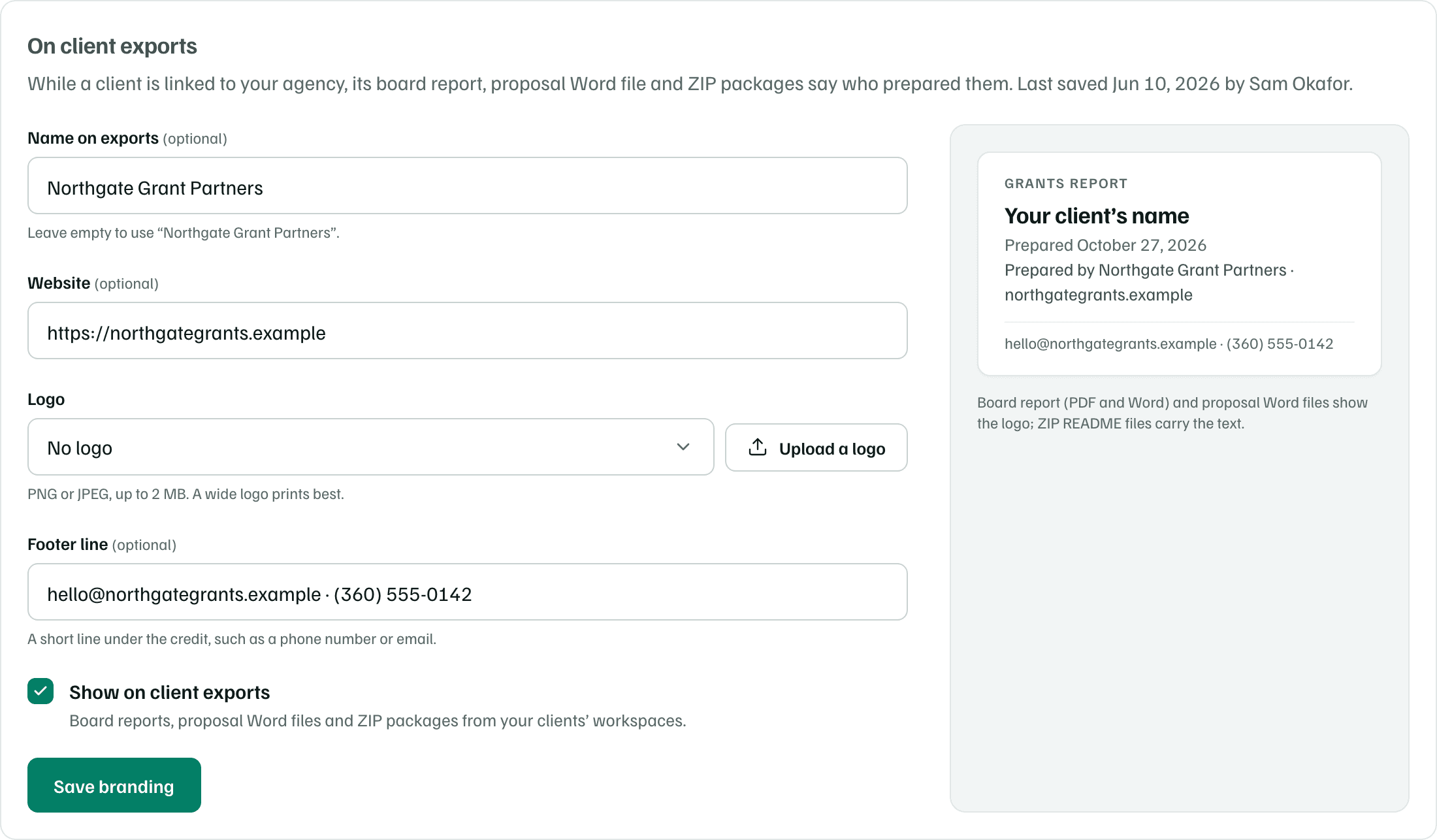 On client exports: Name on exports, Website, Logo, Footer line and Show on client exports, beside a preview that reads Prepared by Northgate Grant Partners.