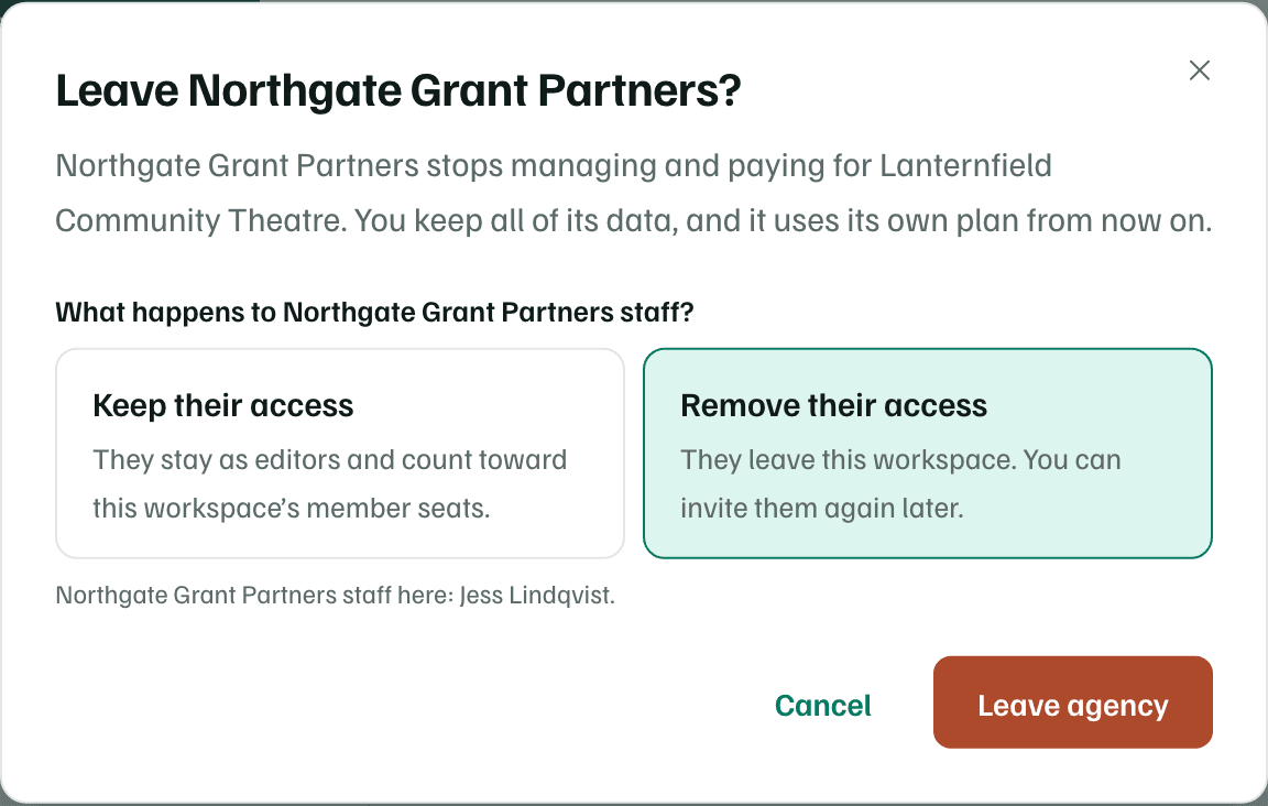 The Leave Northgate Grant Partners? dialog: Keep their access or Remove their access for Jess Lindqvist, with Remove chosen, and Cancel beside Leave agency.