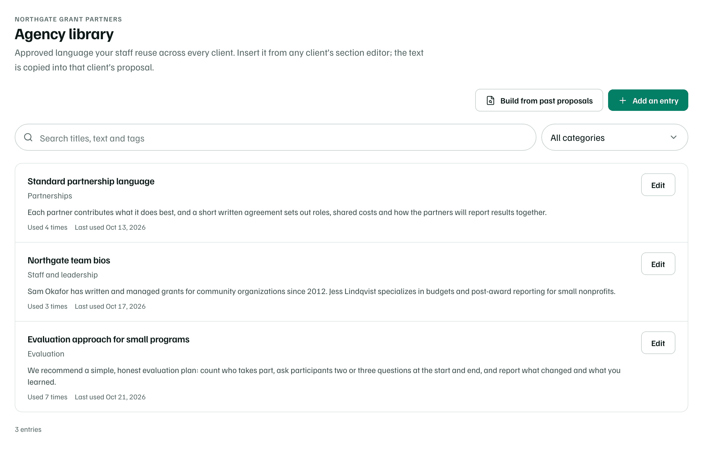 The Agency library with three entries, for partnership language, team bios and an evaluation approach, each with its category, use count and Edit button.