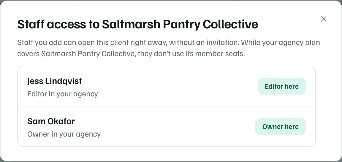 Staff access to Saltmarsh Pantry Collective: Jess Lindqvist, an editor in the agency, is an Editor here, and Sam Okafor, the agency's owner, is the Owner here.