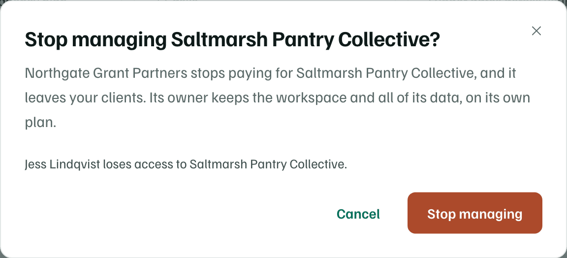 The Stop managing Saltmarsh Pantry Collective? dialog: the agency stops paying, the owner keeps the workspace, Jess Lindqvist loses access, and Cancel beside Stop managing.