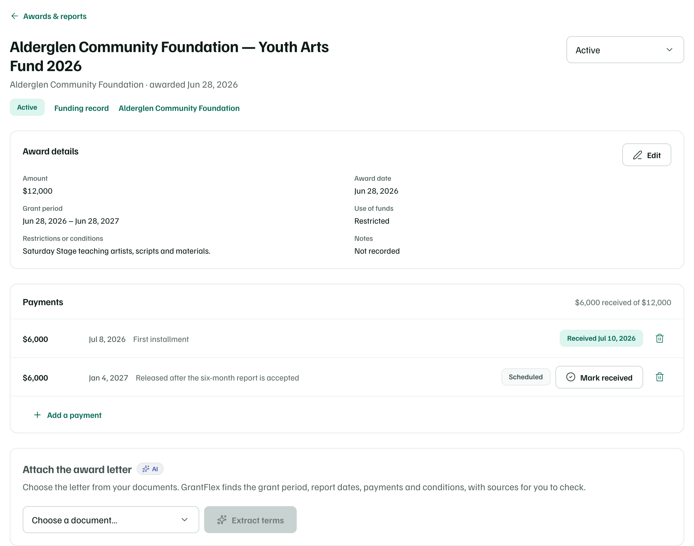 An award's page: the status menu set to Active, Award details, Payments with one installment received and one scheduled with Mark received, and Attach the award letter.