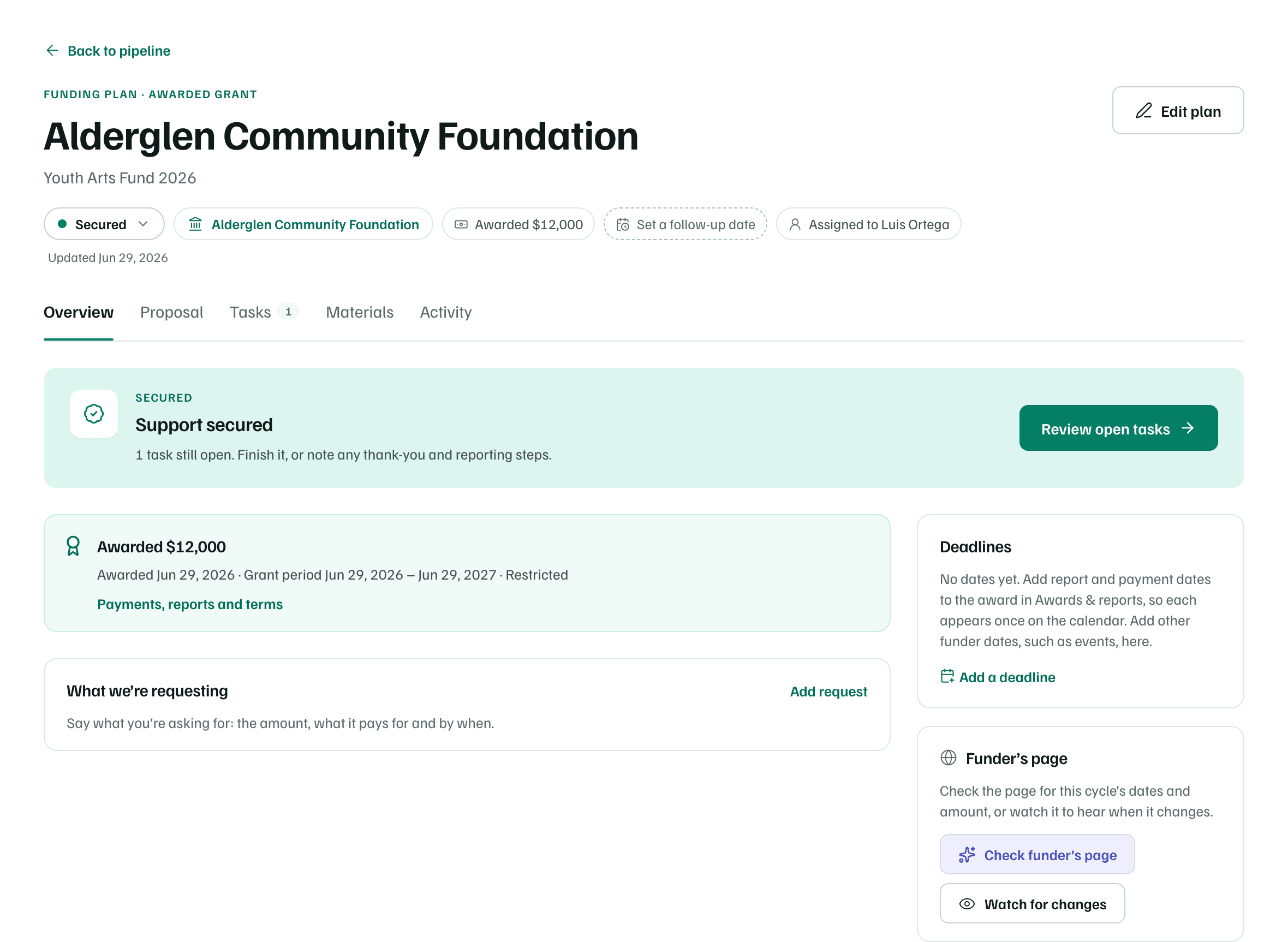 A funding record after its award: the Secured stage, Support secured with Review open tasks, and the award's amount, date and grant period with Payments, reports and terms.