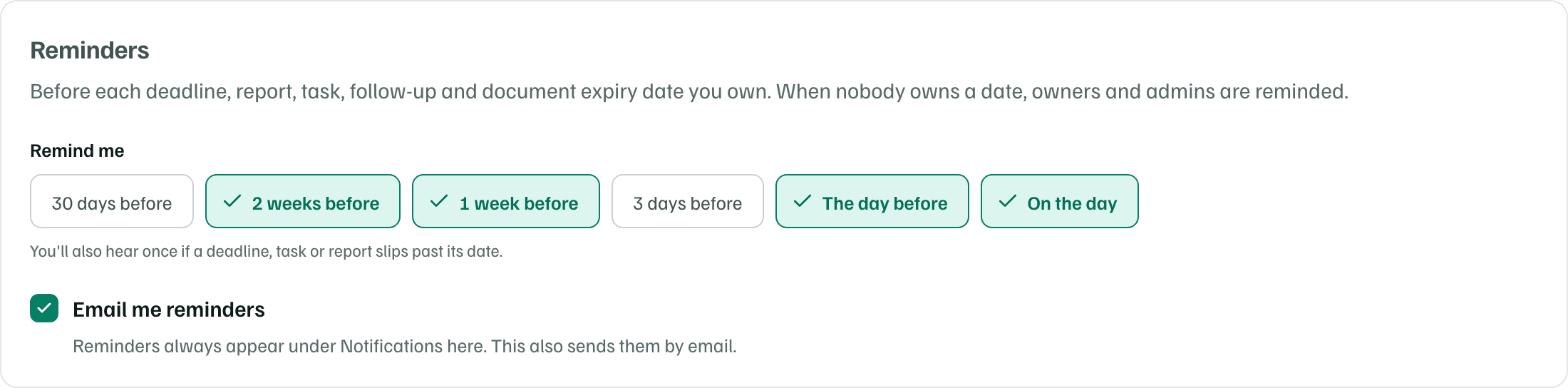 The Reminders card in Settings › Notifications: Remind me with 2 weeks before, 1 week before, The day before and On the day chosen, and Email me reminders turned on.