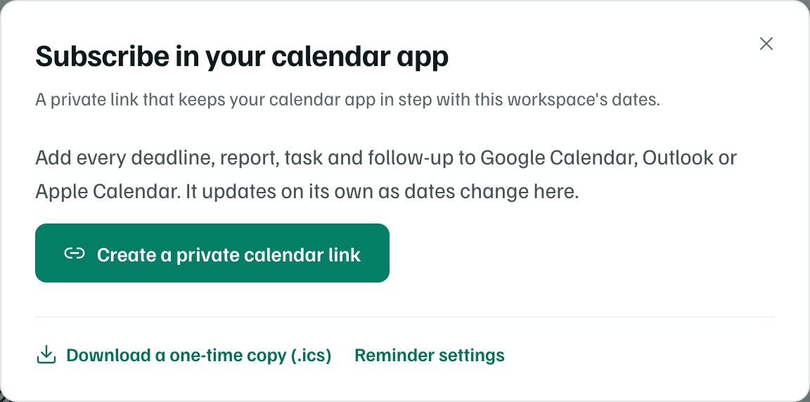 The Subscribe in your calendar app dialog before a link exists: Create a private calendar link, Download a one-time copy (.ics) and Reminder settings.