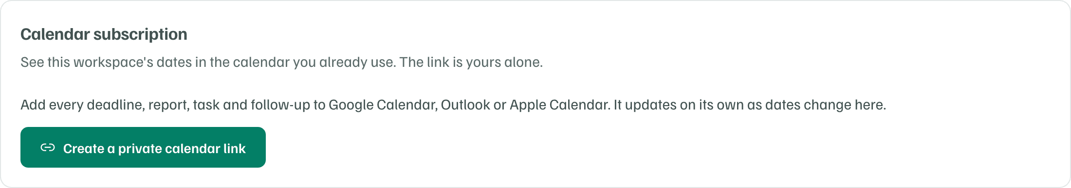 The Calendar subscription card in Settings › Notifications, with the Create a private calendar link button.
