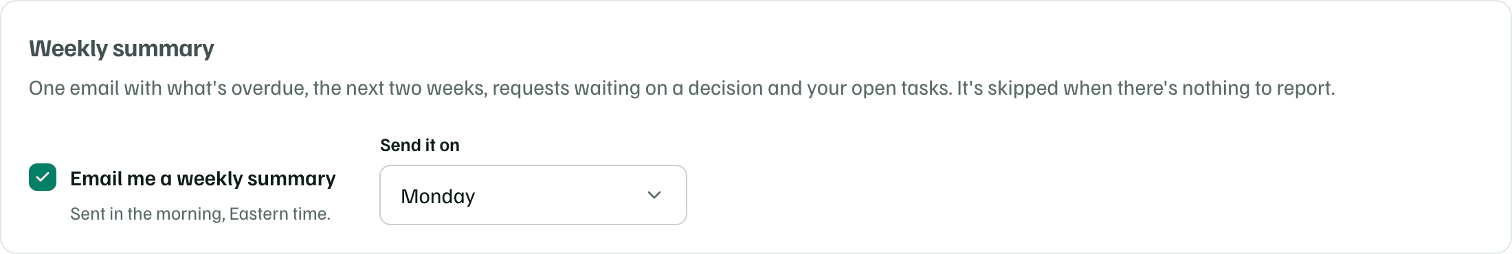 The Weekly summary card in Settings › Notifications: Email me a weekly summary turned on and Send it on set to Monday.