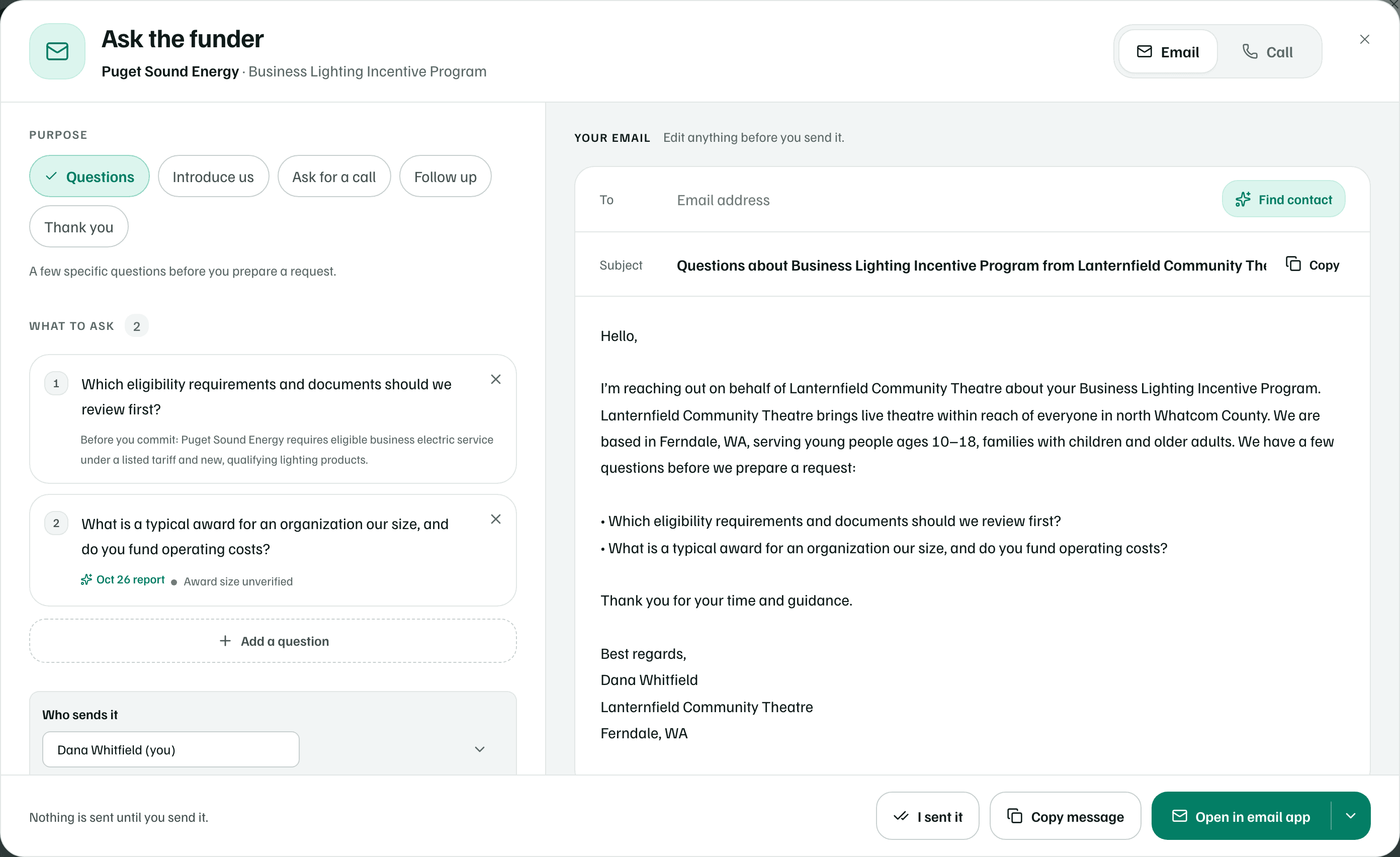 Ask the funder with Email selected: the Questions purpose, what to ask, Who sends it, and an editable email with Find contact, I sent it, Copy message and Open in email app.