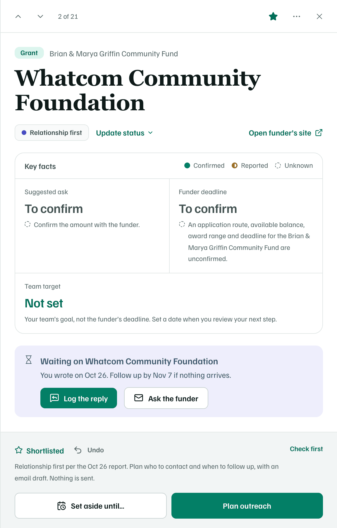 An opportunity after a send was recorded: Waiting on the funder, the day you wrote, the follow-up date, and Log the reply.