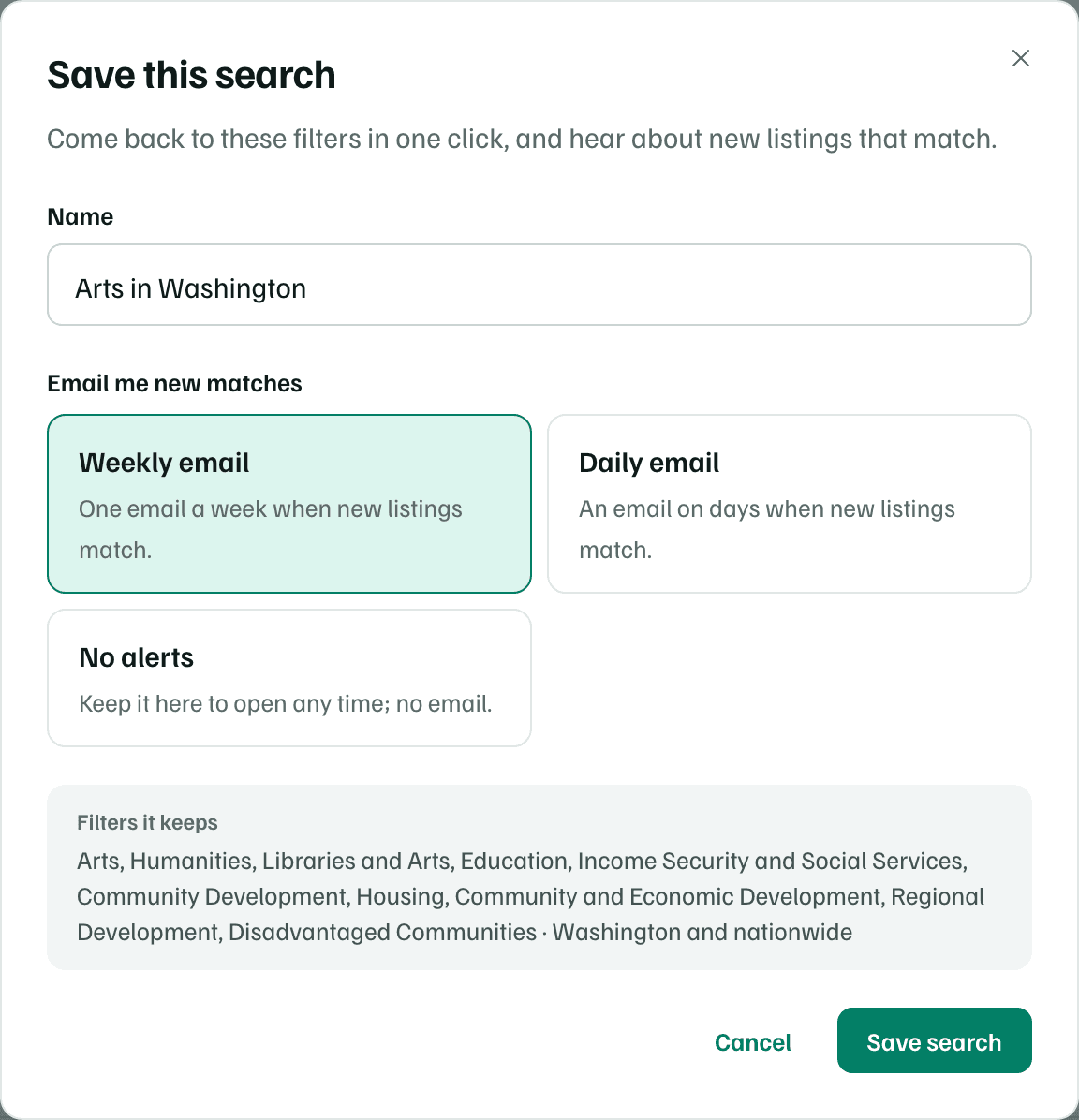 The Save this search dialog: a name, how often to email new matches, and the filters the search keeps.