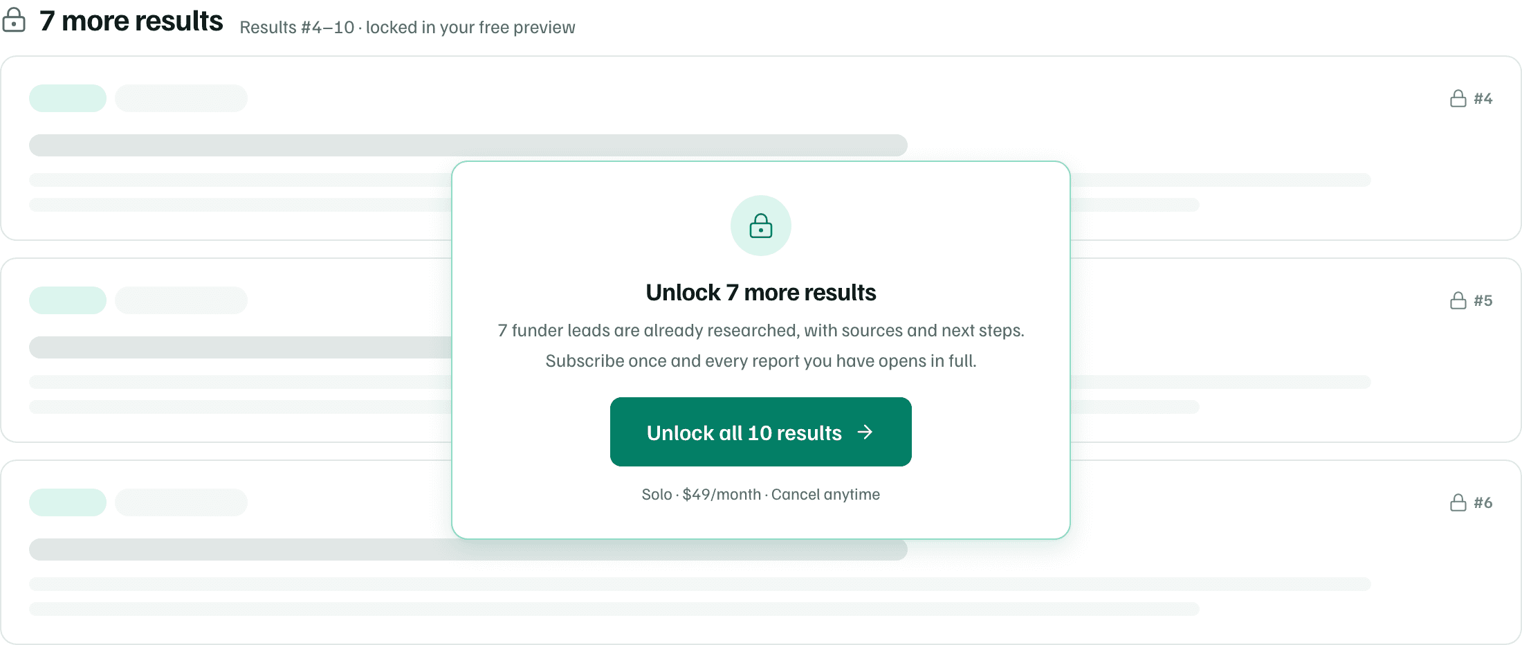 The locked results below the preview, numbered from #4, with Unlock all results and the Solo price.
