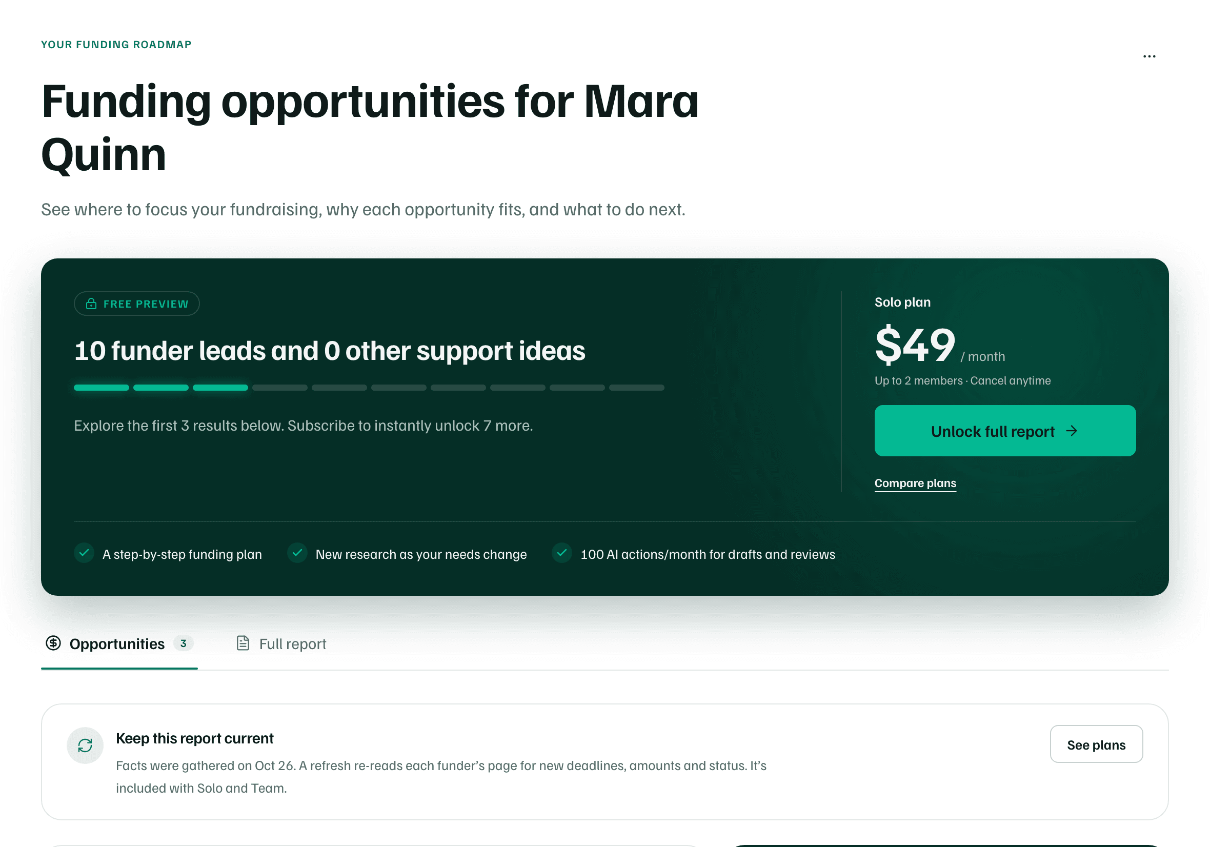 Mara Quinn's free preview: Funding opportunities for Mara Quinn, a Free preview card counting the funder leads found, Unlock full report, and the Opportunities tab.
