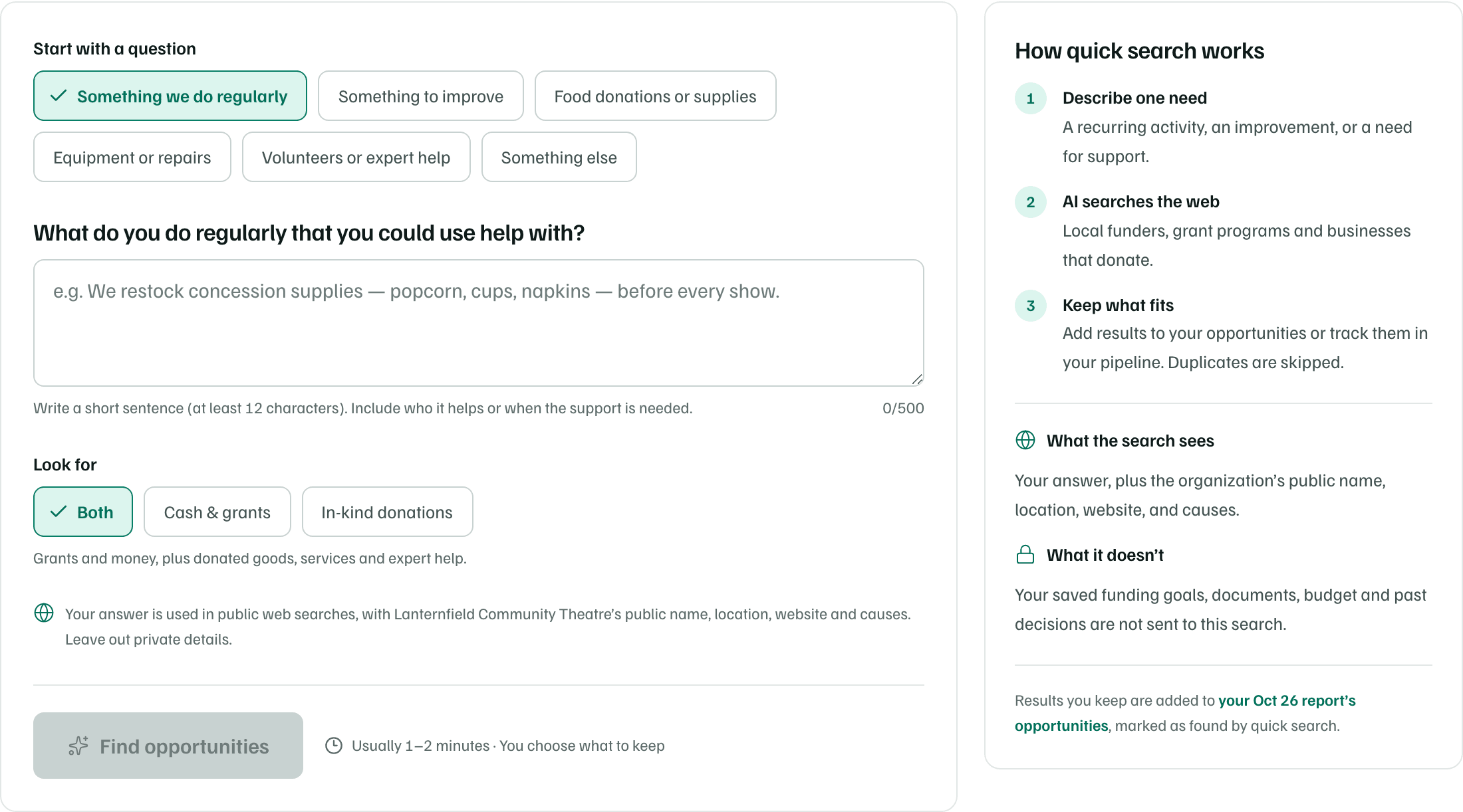Quick search: Start with a question, the need box, Look for with Both, Cash & grants and In-kind donations, Find opportunities, and How quick search works.