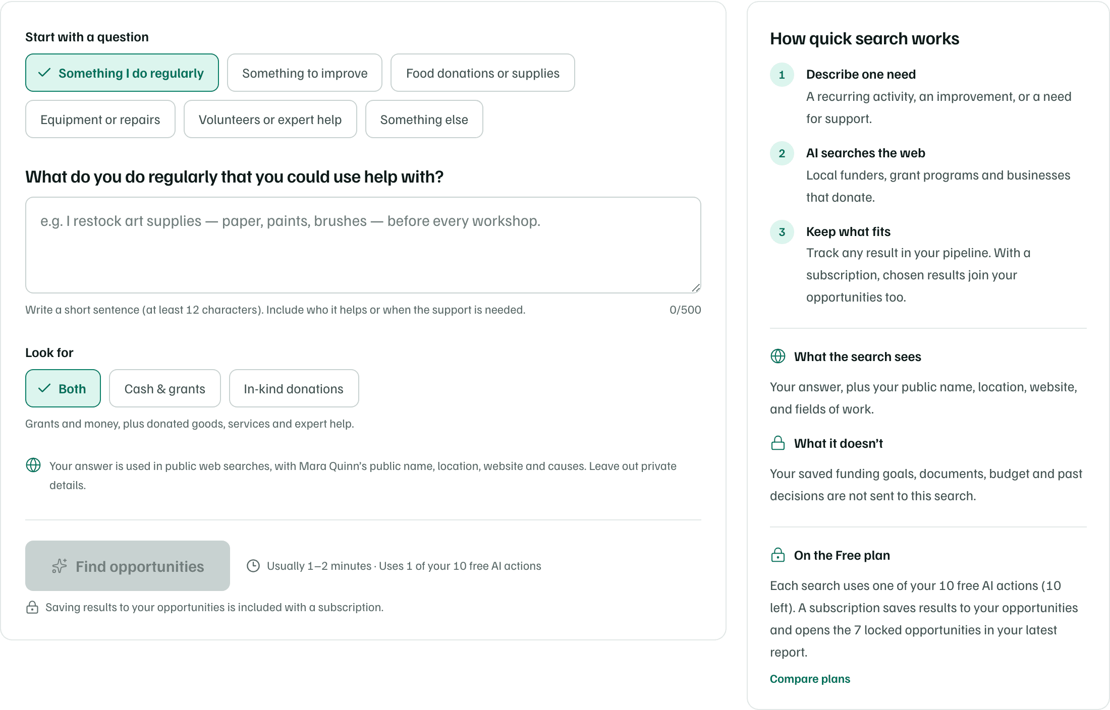 Quick search on the Free plan: a search uses one of the free AI actions, and saving results to your opportunities is included with a subscription.