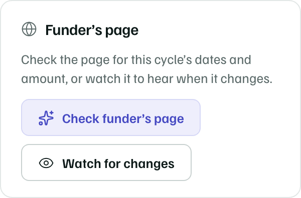 The Funder's page card on a pipeline record, with Check funder's page and Watch for changes.