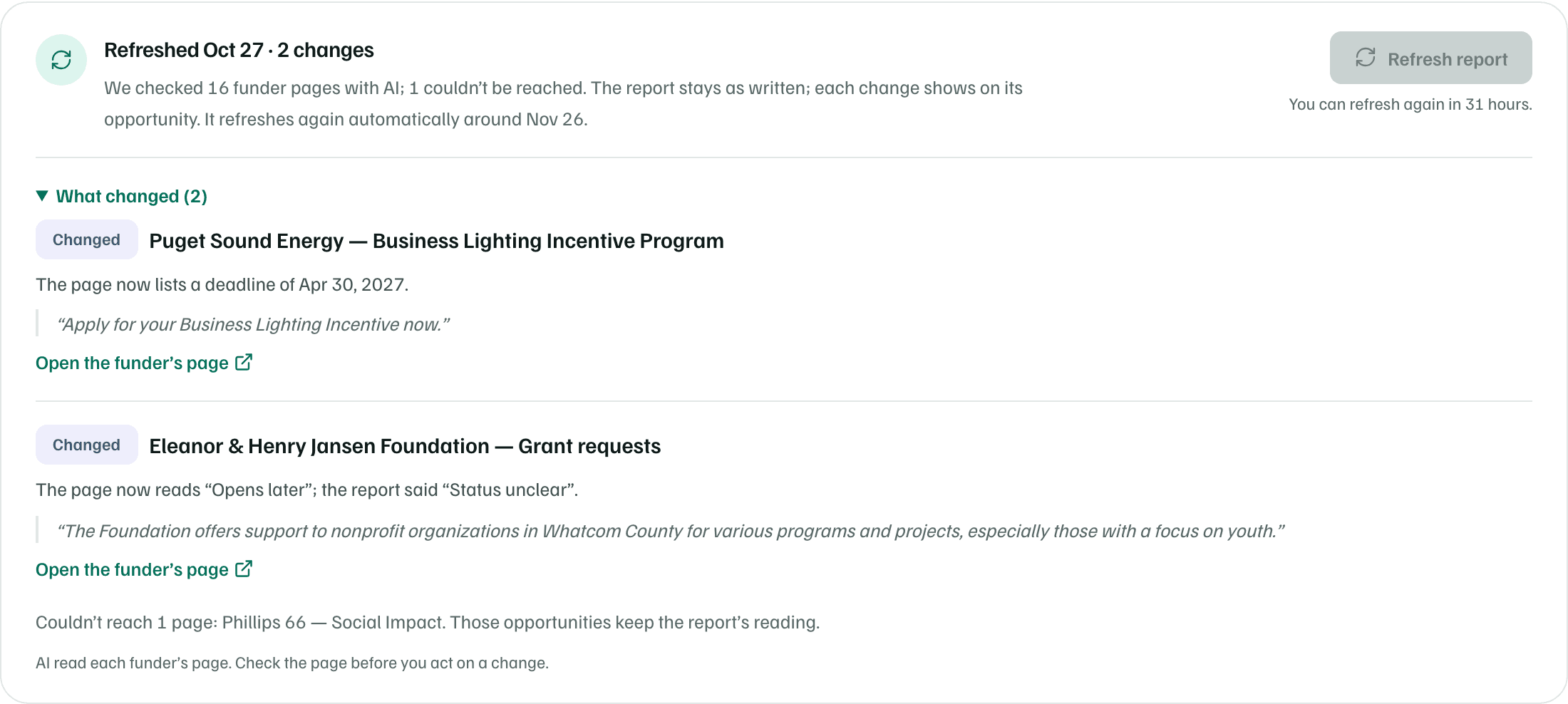 The refresh panel: when the report was refreshed and how many changes it found, Refresh report, and What changed, with each change in the page's own words.