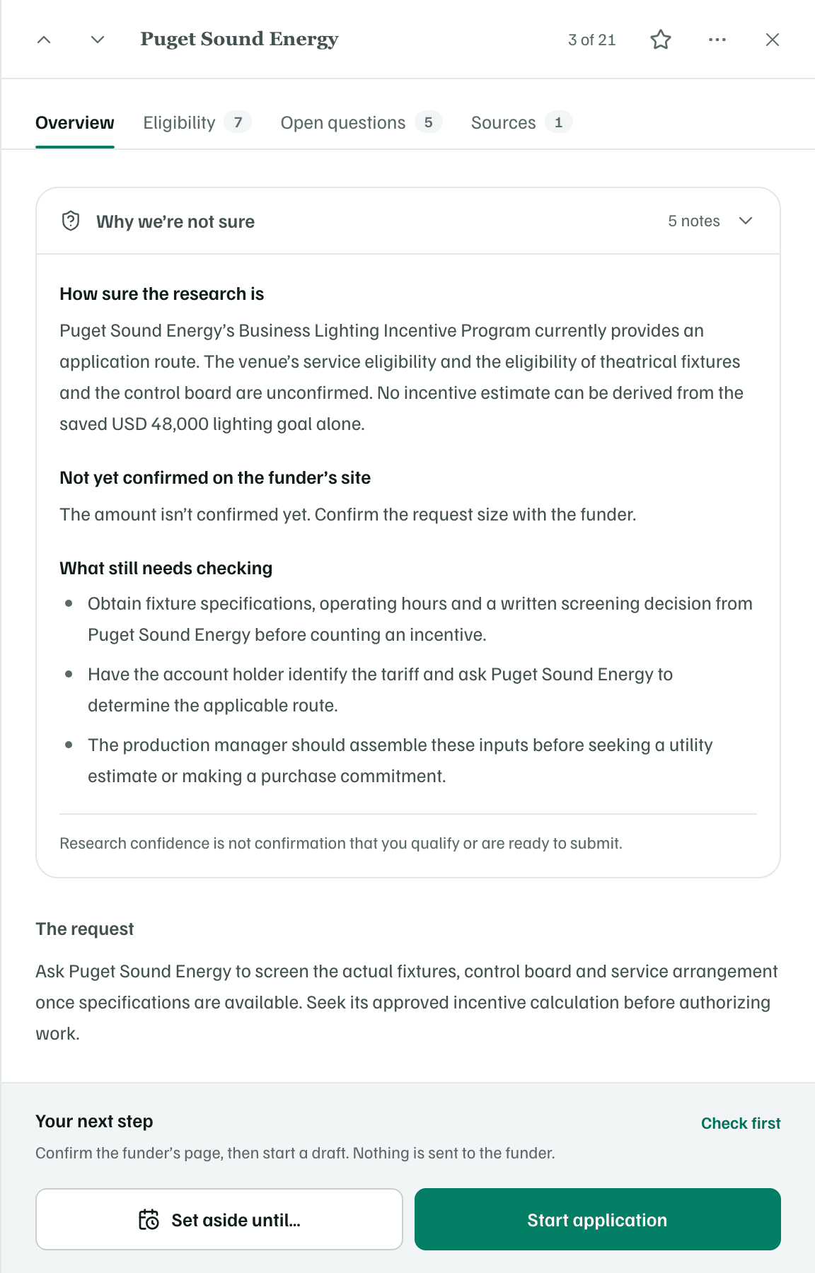Why we're not sure, opened in an opportunity's details, with what the research couldn't confirm and what still needs checking.