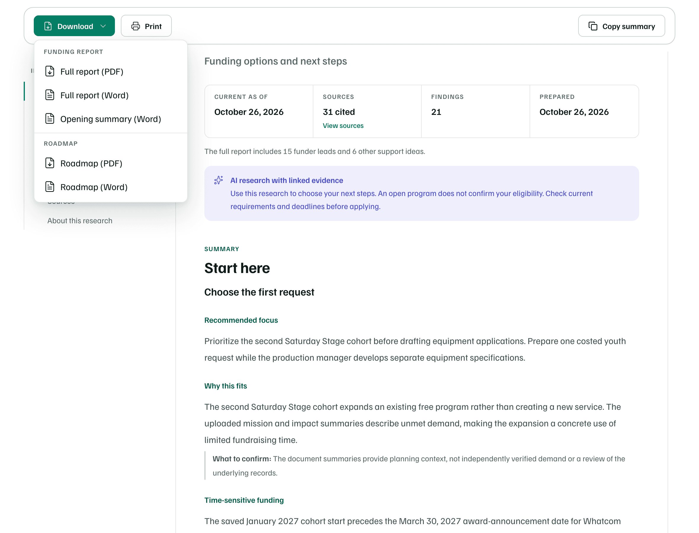 The Download menu on the Full report tab: the full report as PDF or Word, the opening summary as Word, and the roadmap as PDF or Word.