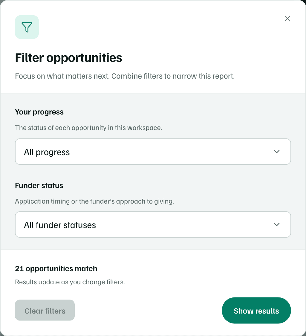 The Filter opportunities dialog, with Your progress and Funder status, the number of opportunities that match, and Show results.