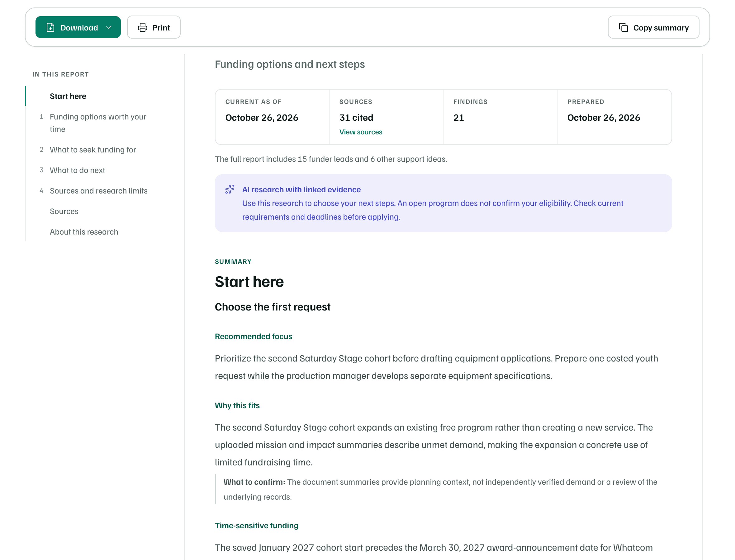 The Full report tab: Download, Print and Copy summary stay above the report, In this report lists its sections, and the report opens with its date, sources and Start here.