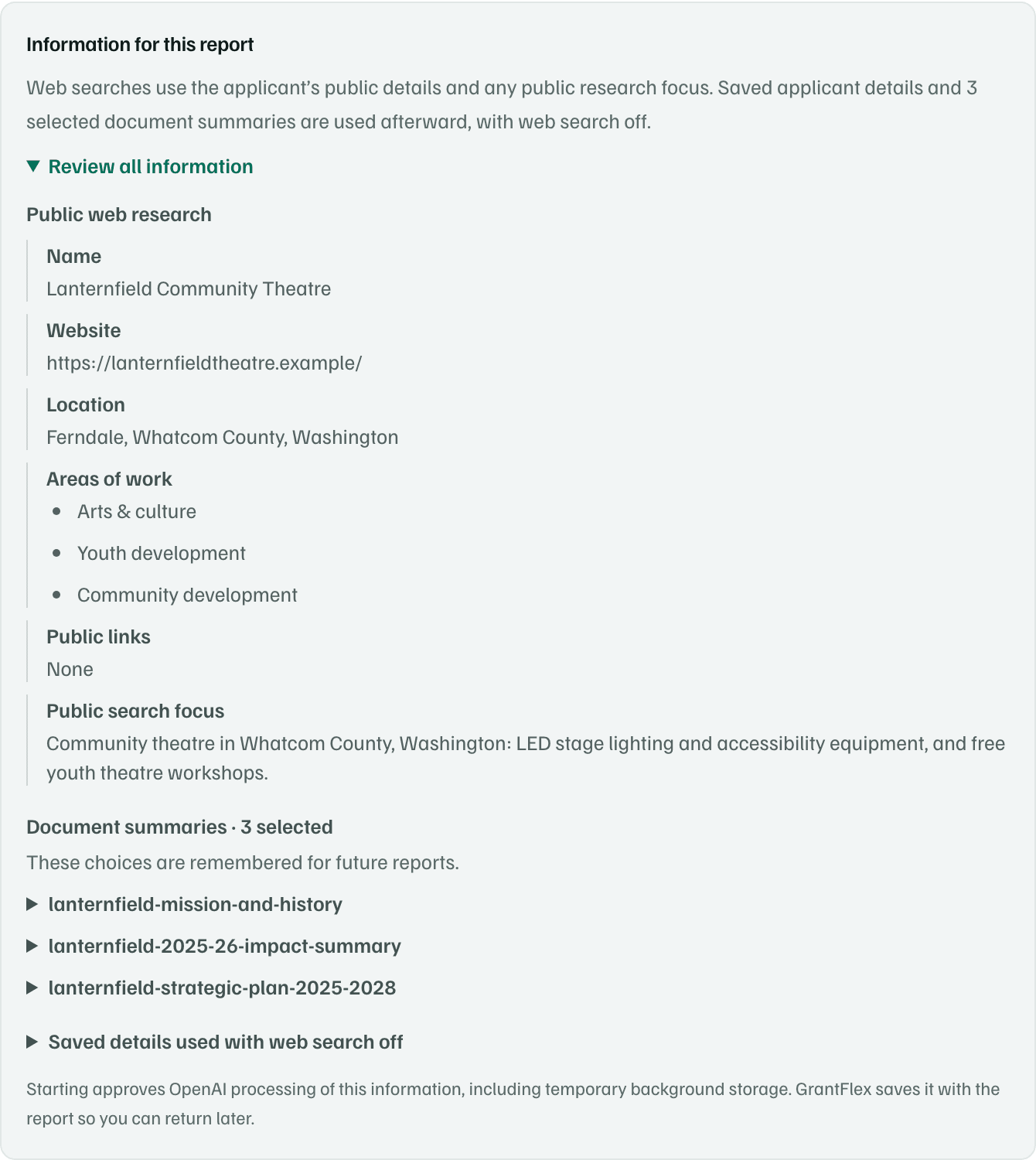 Information for this report, opened to show what public web research uses and which document summaries are used afterward, with web search off.