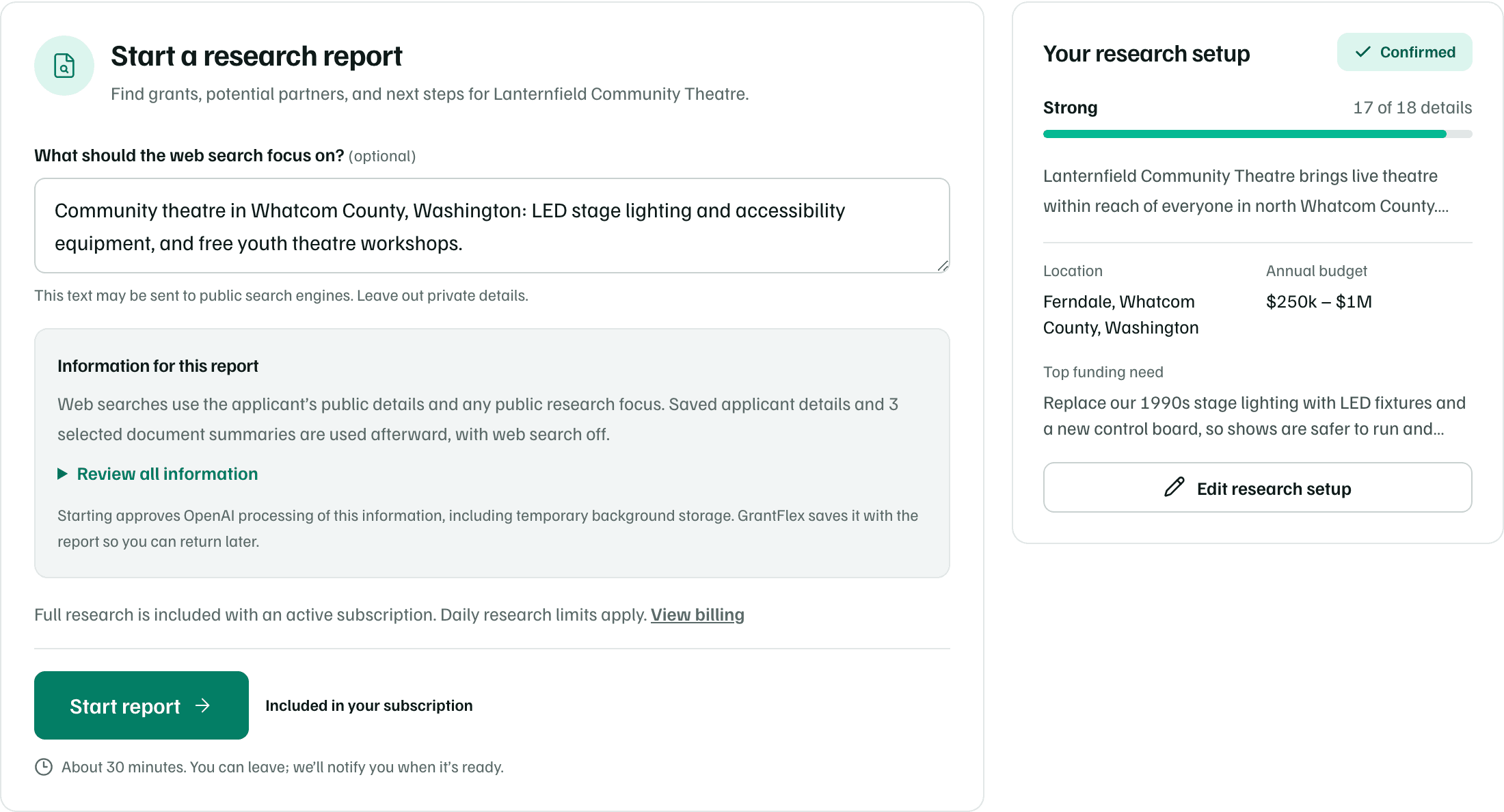 Start a research report, with the optional focus question, Information for this report and Start report, beside Your research setup.