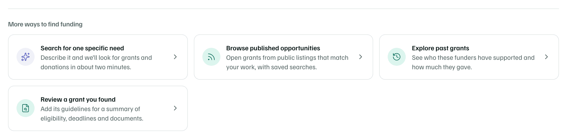 More ways to find funding: Search for one specific need, Browse published opportunities, Explore past grants and Review a grant you found.
