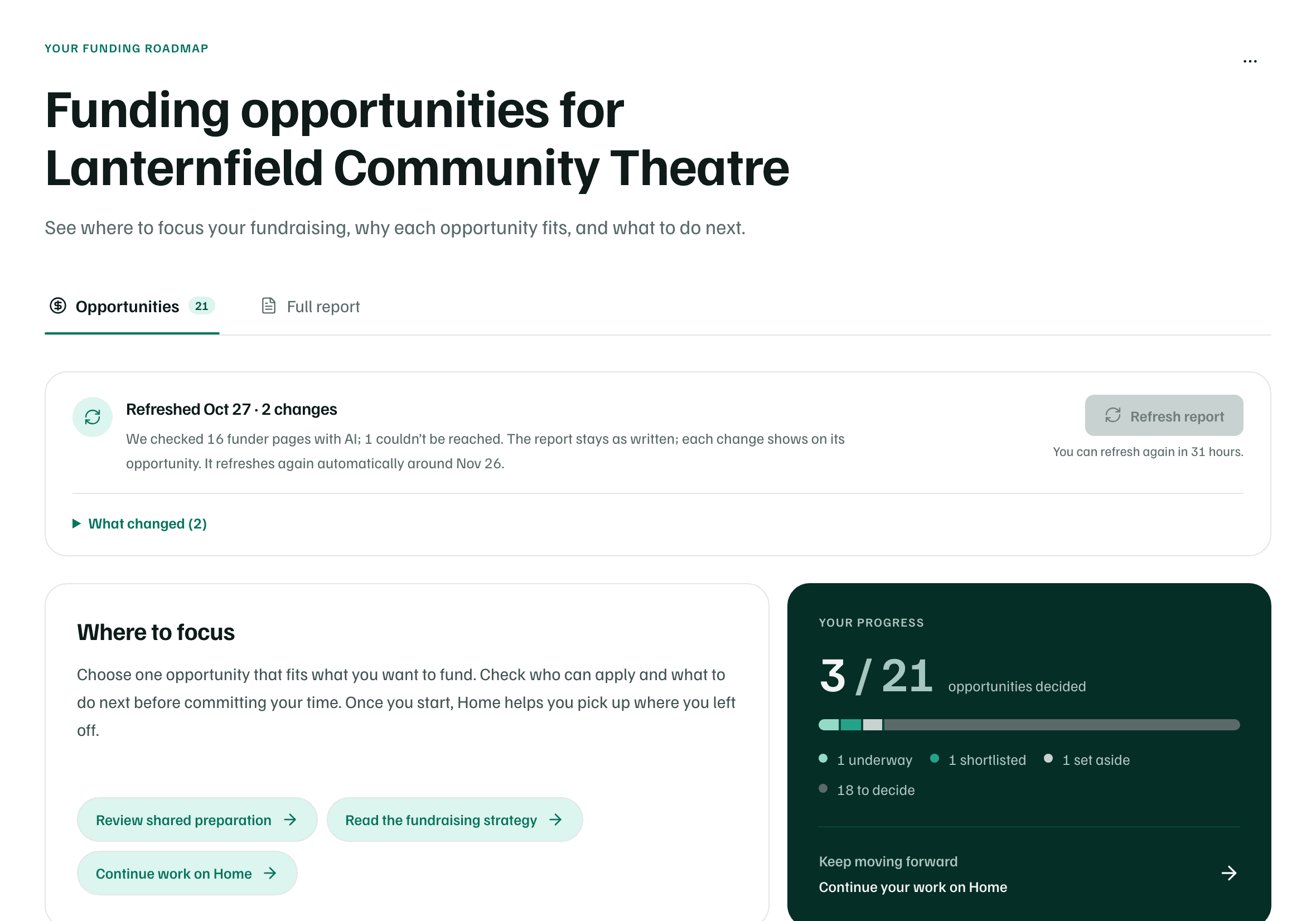 The top of a finished report: its title, the Opportunities and Full report tabs, the refresh summary, Where to focus and Your progress.