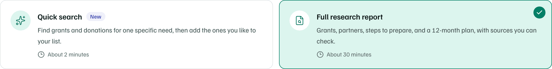 The two kinds of research: Quick search, about 2 minutes, and Full research report, about 30 minutes, which is selected.