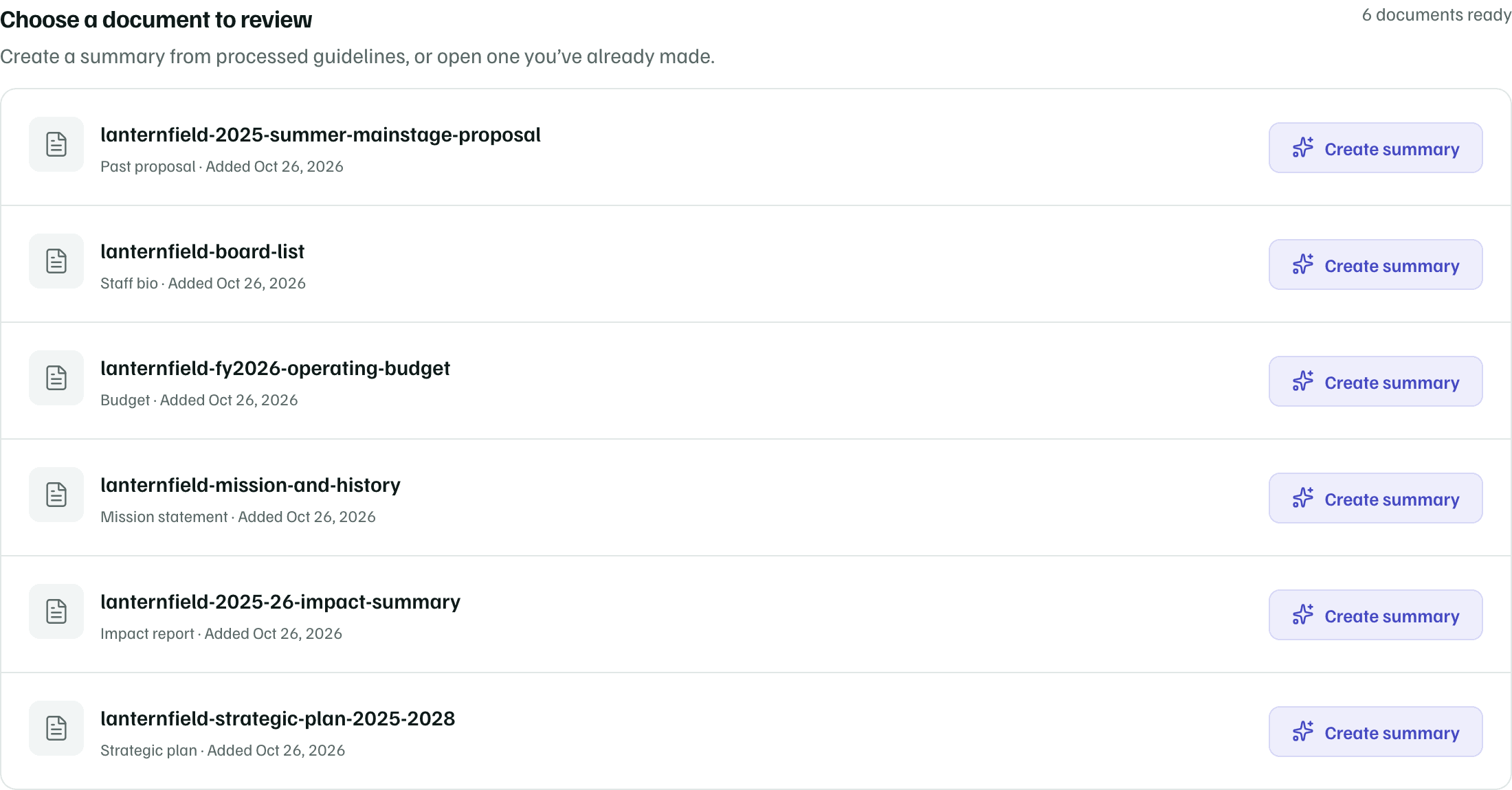Choose a document to review: the workspace's processed documents, each with Create summary.