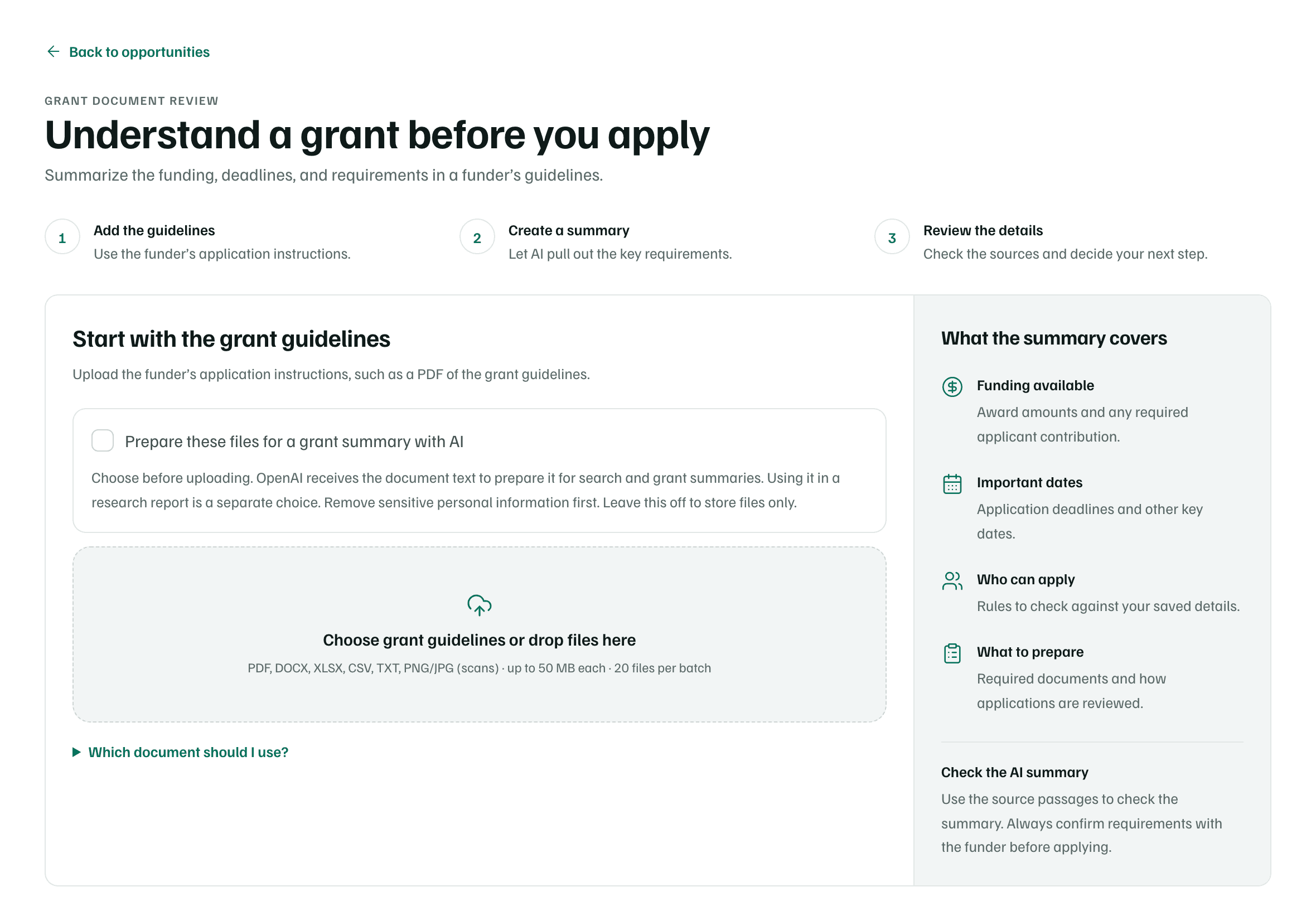 Understand a grant before you apply: three steps, the upload box for the funder's guidelines, and What the summary covers.