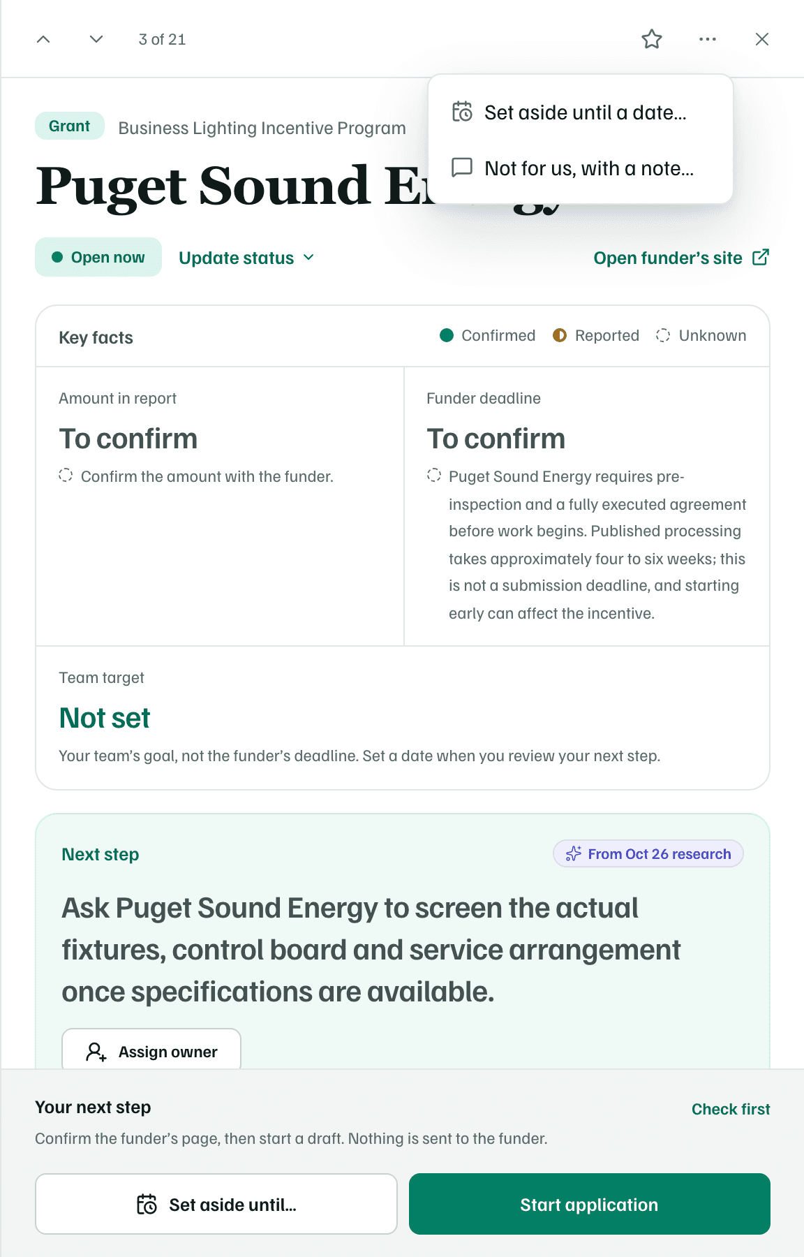 The More options menu in an opportunity's details: Set aside until a date… and Not for us, with a note…