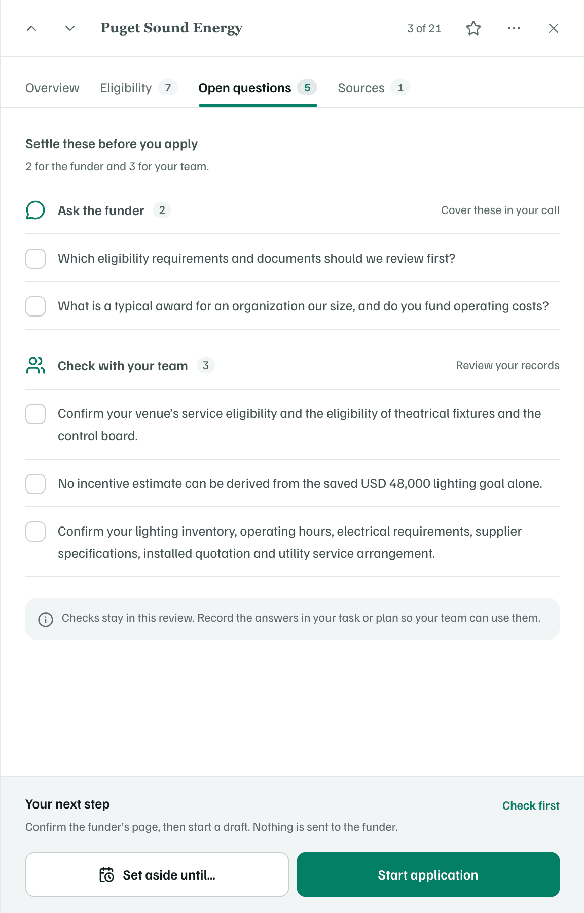 The Open questions tab: questions for the funder and checks for your team, each with a box to tick.