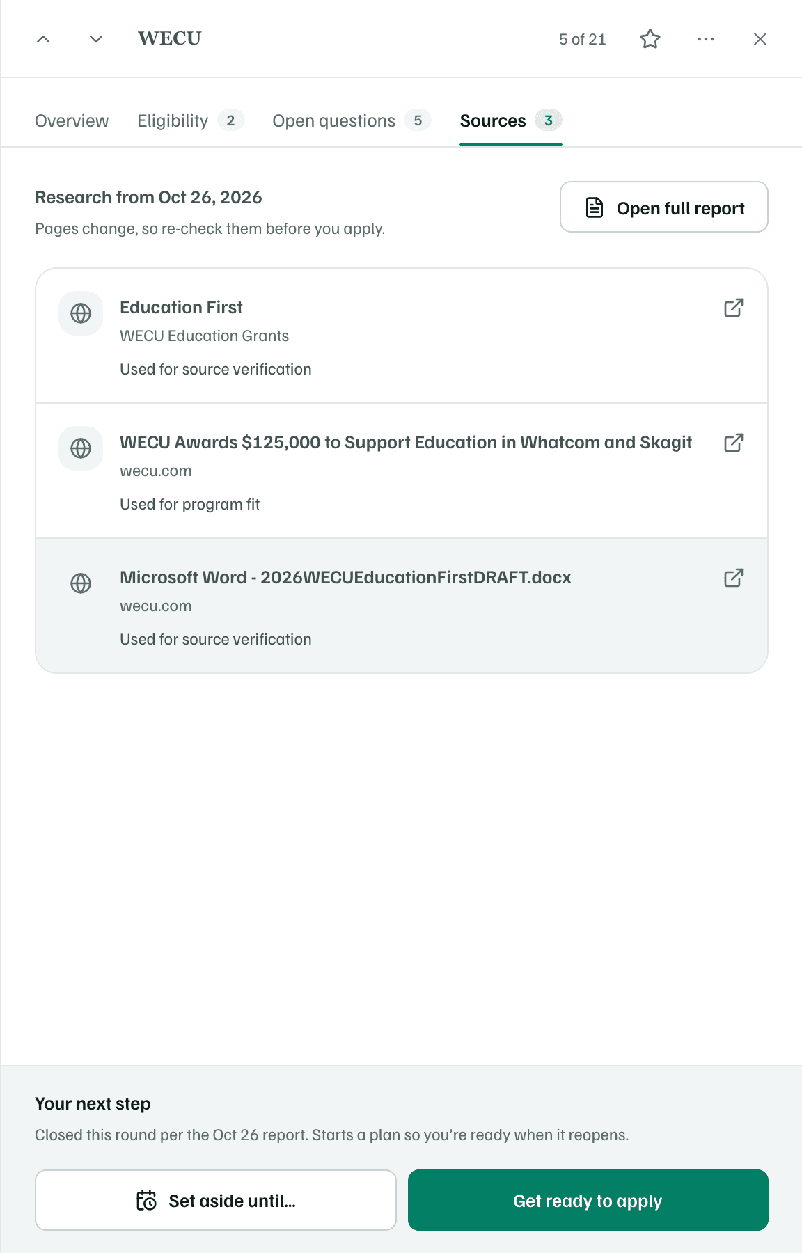 The Sources tab: the pages the research used, what each one was used for, and Open full report.