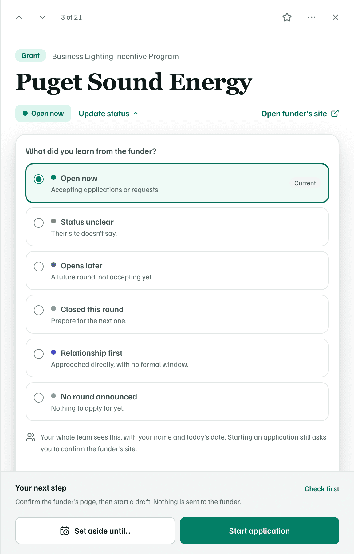 Update status, open: What did you learn from the funder?, with the six funder statuses and a note that your whole team sees the change.