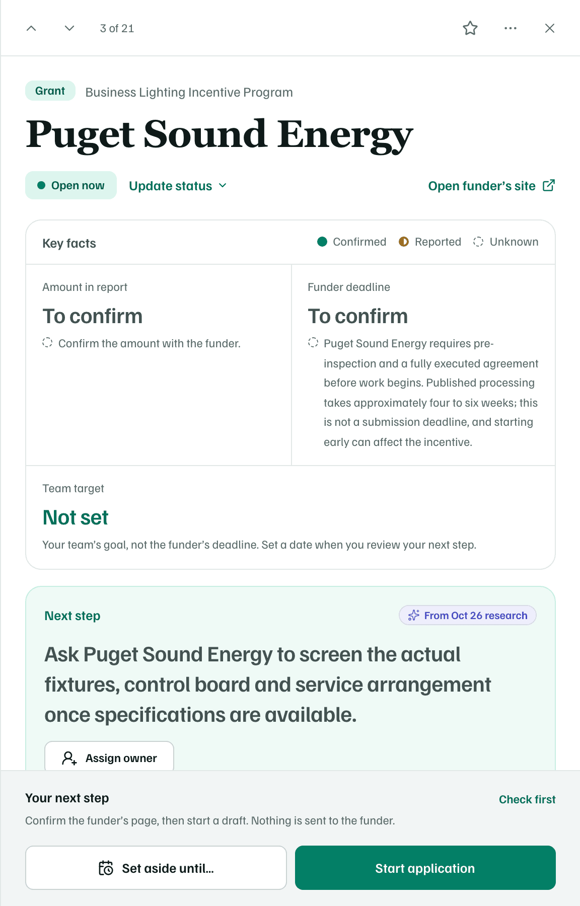 An opportunity's details: Grant, Open now, Update status, Open funder's site, Key facts with Confirmed, Reported and Unknown marks, the next step, and the decisions.