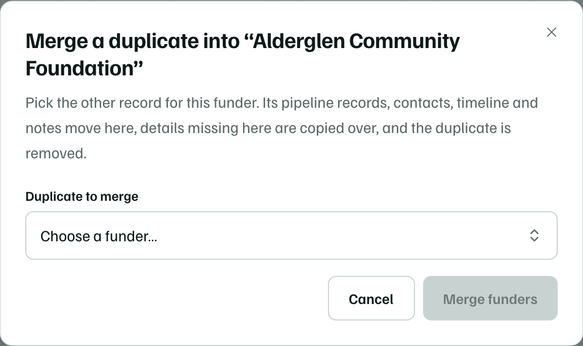 The Merge a duplicate dialog on a funder's page, with the Duplicate to merge picker, Cancel and Merge funders, which stays off until a duplicate is chosen.