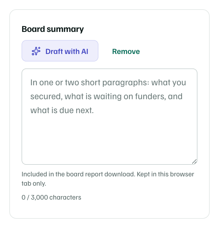 The Board summary card after Write it myself: an empty box, the 3,000-character count and a note that the summary is kept in this browser tab only.