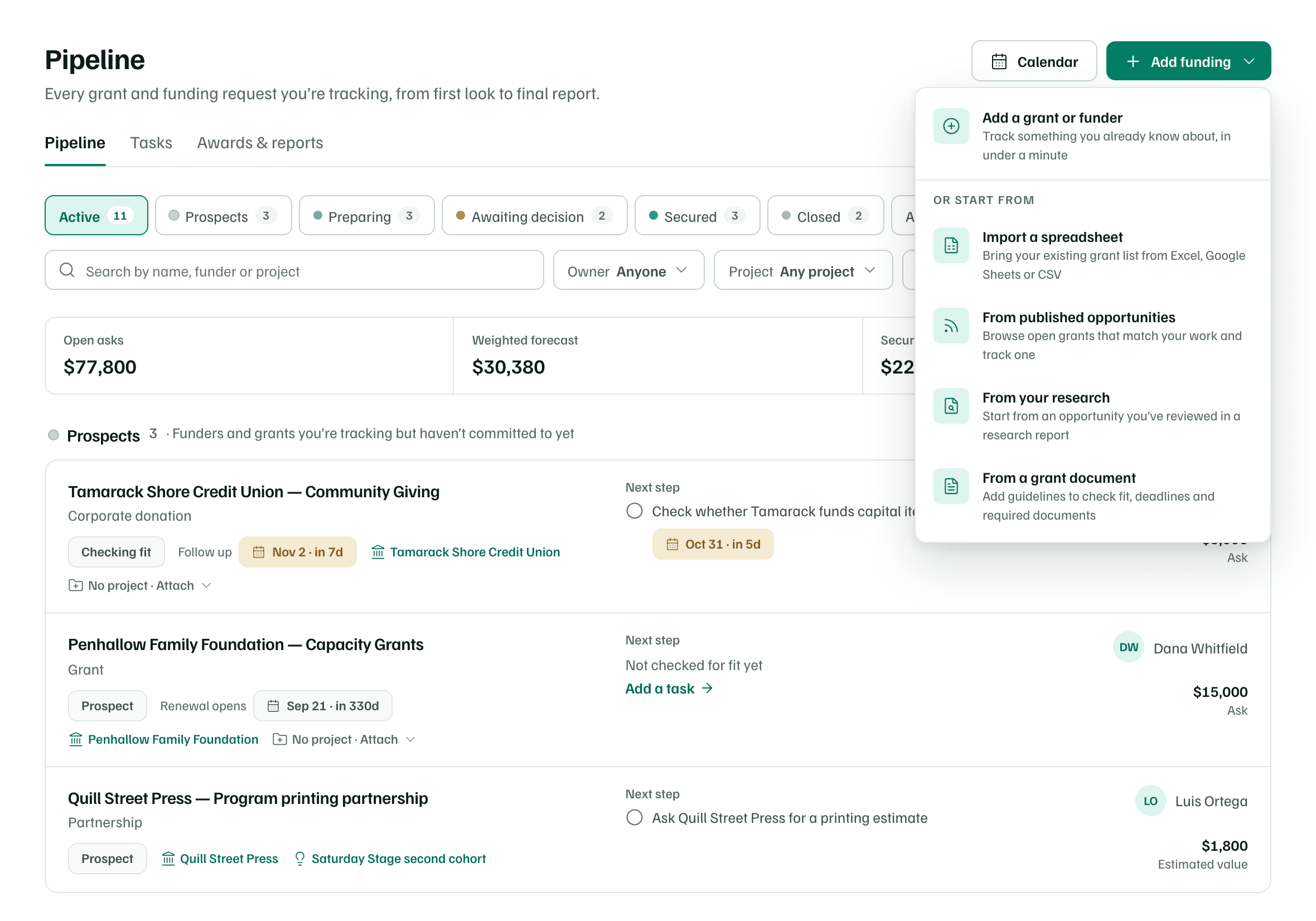 The Add funding menu, with Add a grant or funder at the top and four other ways to start below it.