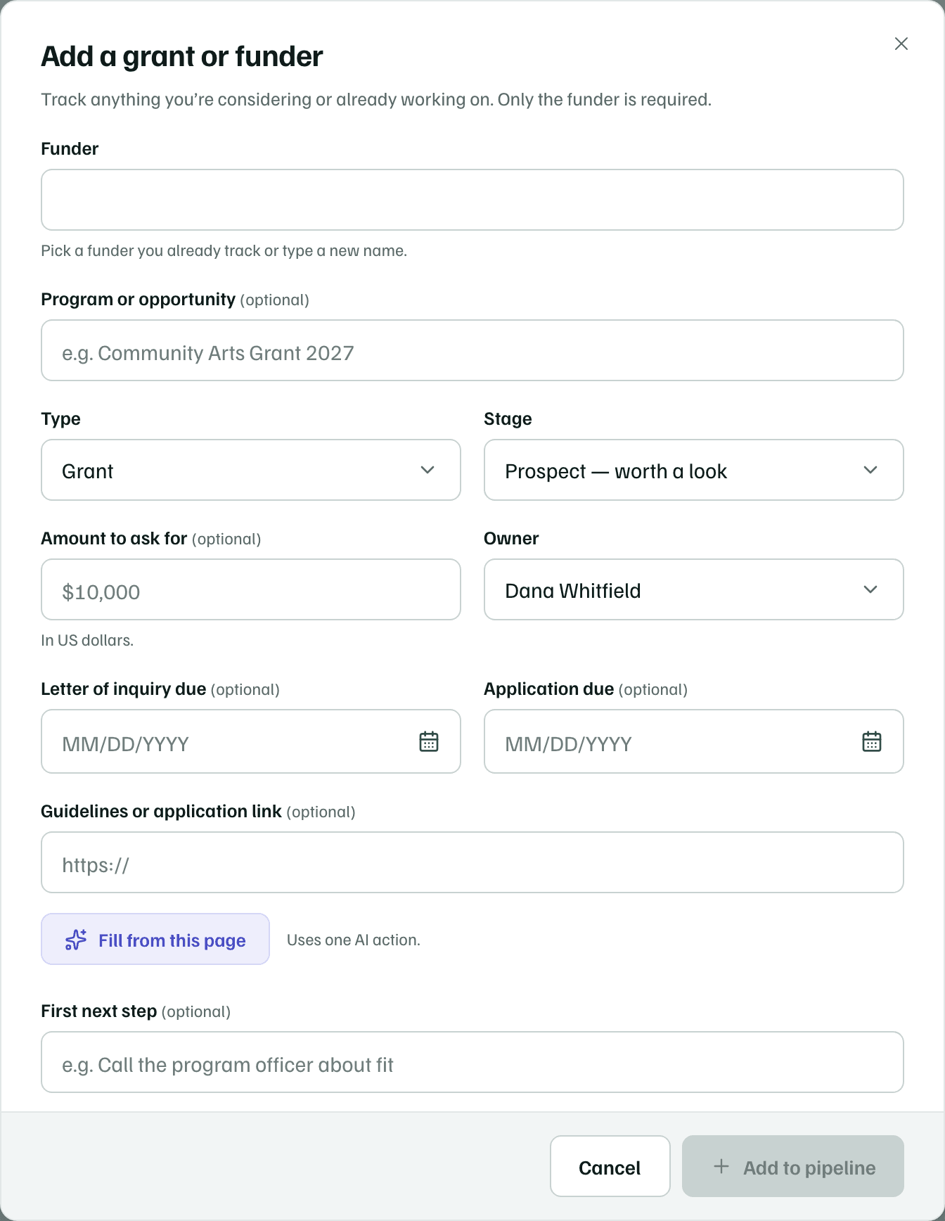 The Add a grant or funder dialog, with Funder, Program or opportunity, Type, Stage, Amount to ask for, Owner and due dates.