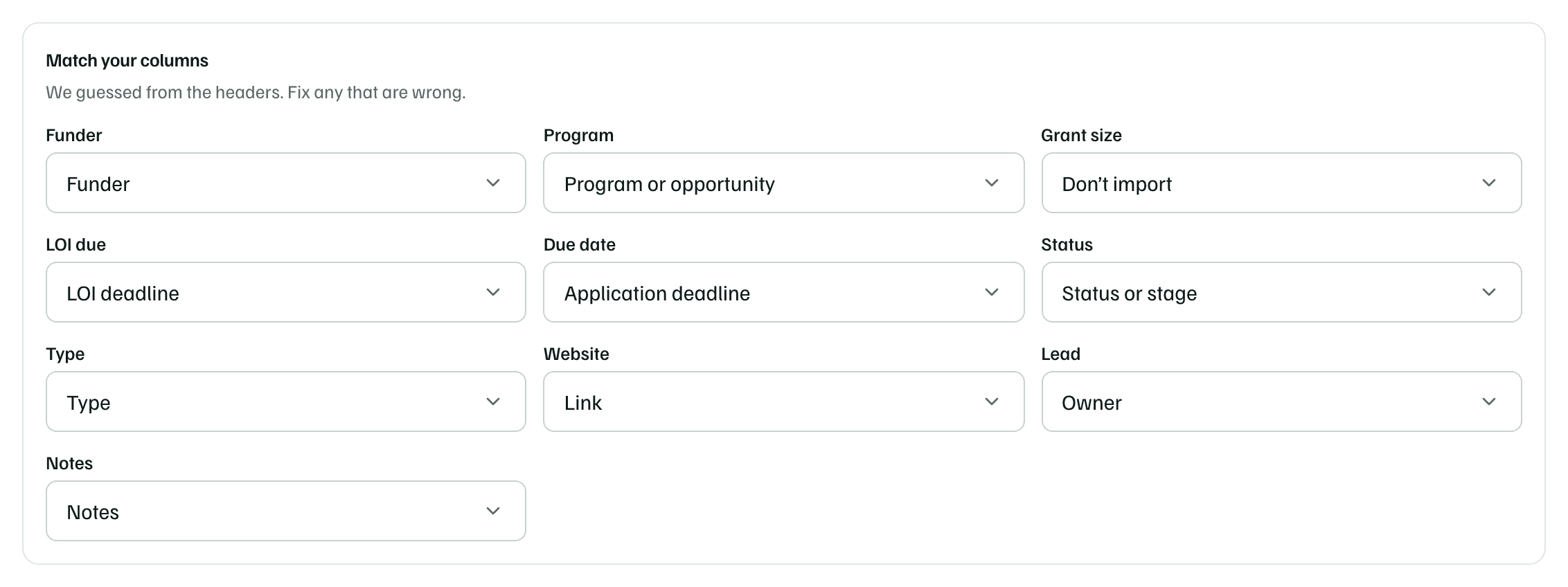 Match your columns for a ten-column tracker: nine columns are matched from their headers, and Grant size is set to Don't import.