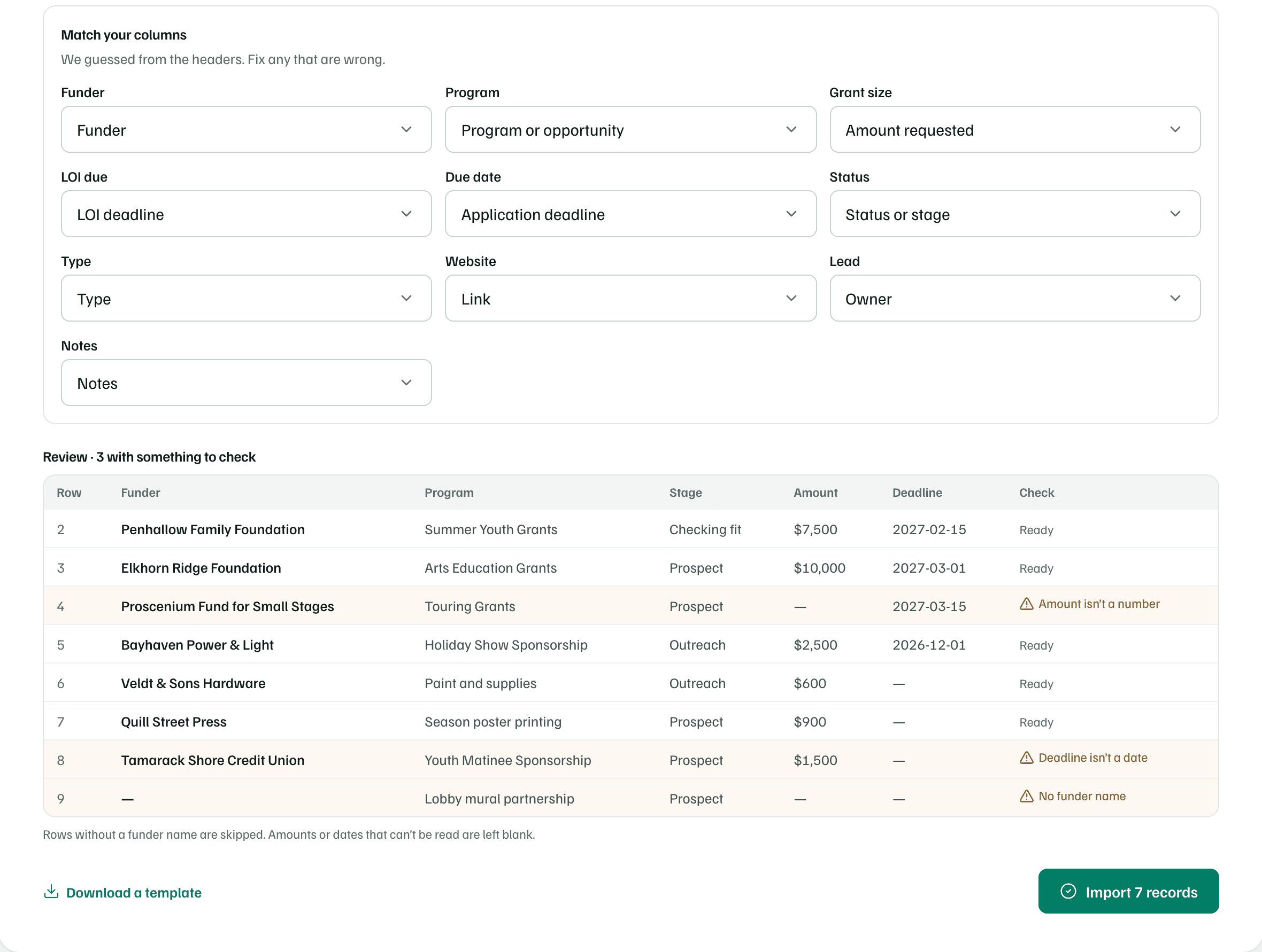 The matched columns above the Review table, where three of eight rows have something to check, and the Import 7 records button.