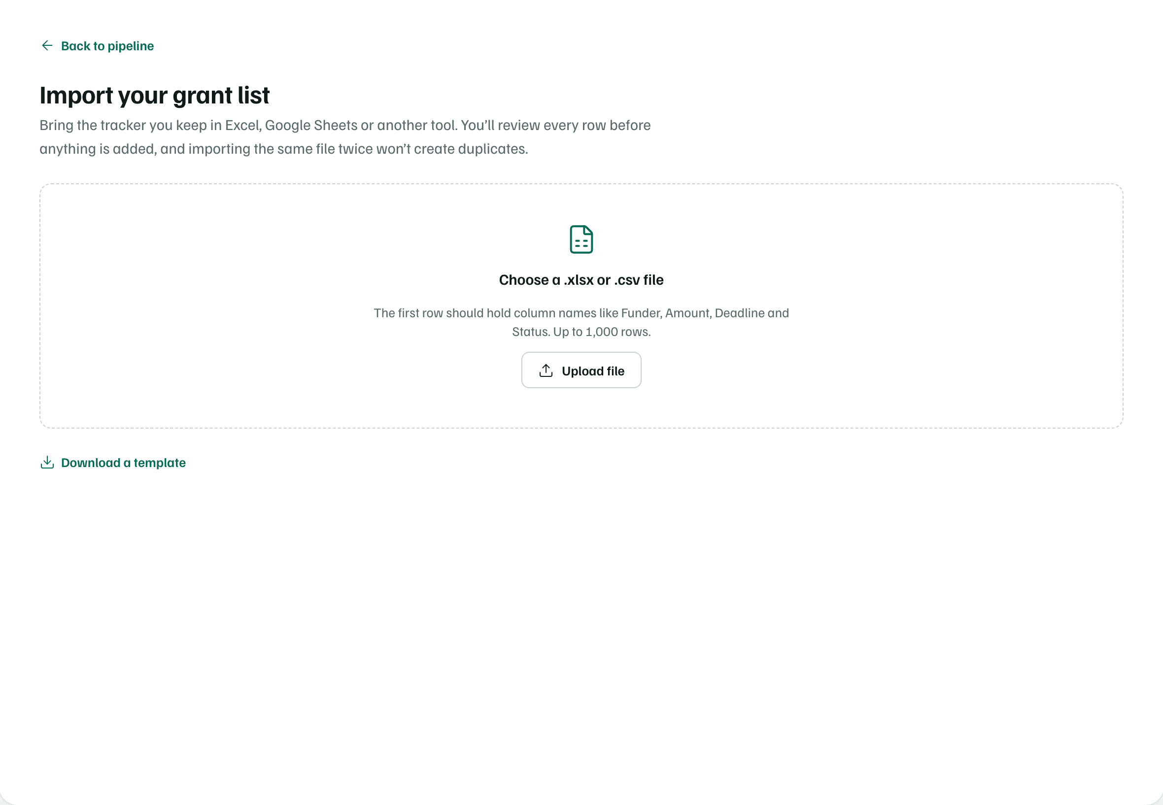 The Import your grant list page, with a box to choose a .xlsx or .csv file of up to 1,000 rows and a Download a template link.