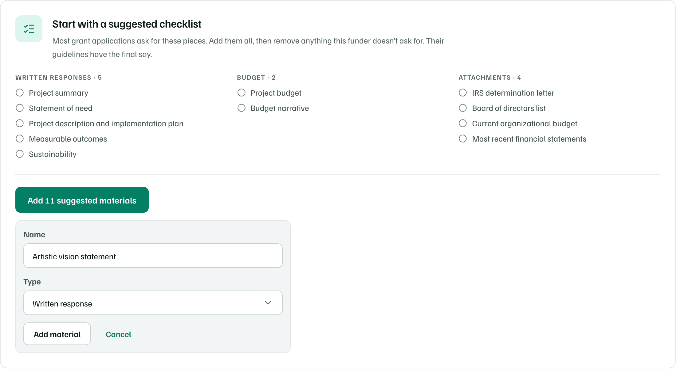 The suggested checklist with the Or add your own form open, naming a new piece and choosing Written response as its type.