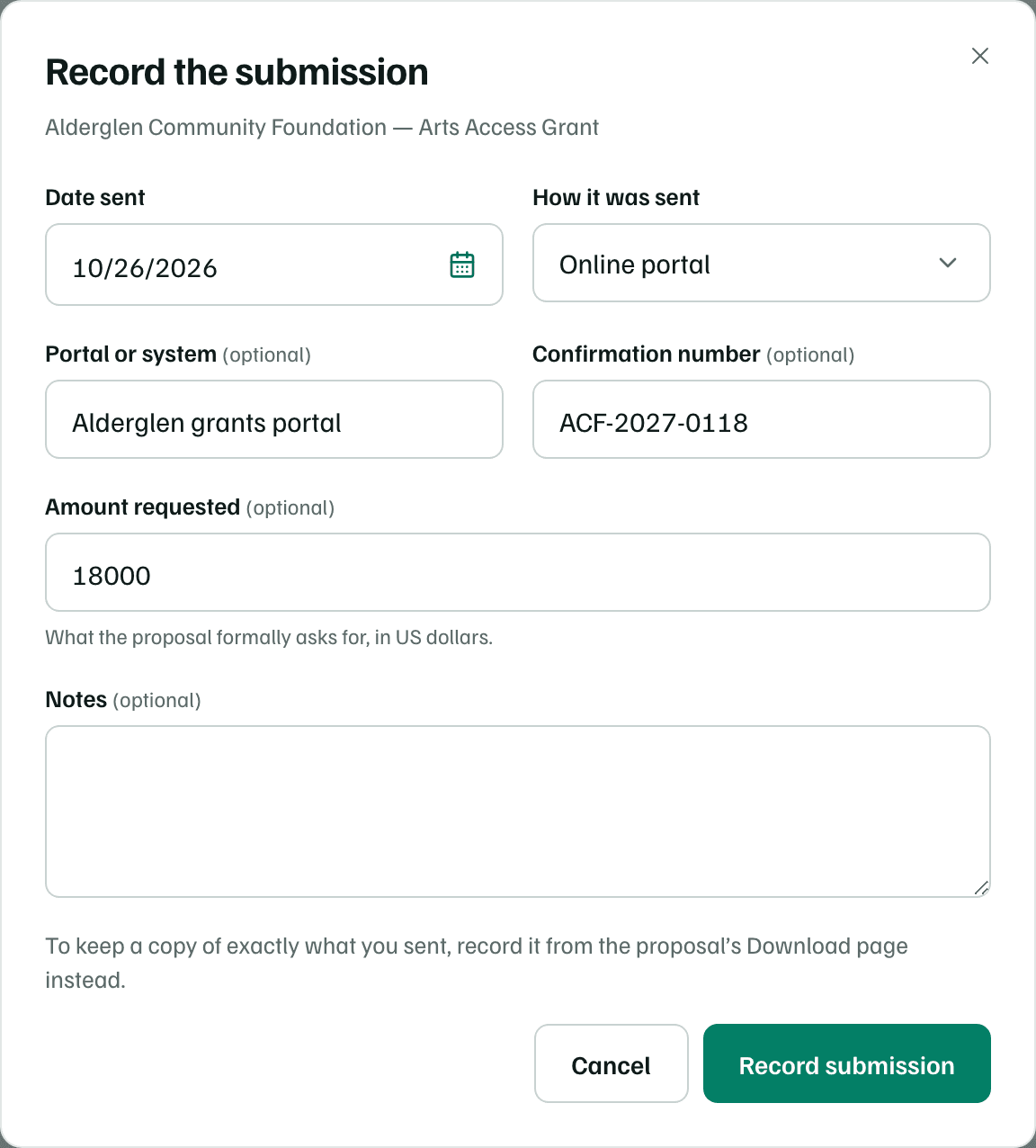 The Record the submission dialog, with the date sent, how it was sent, the portal, a confirmation number, the amount requested and notes.
