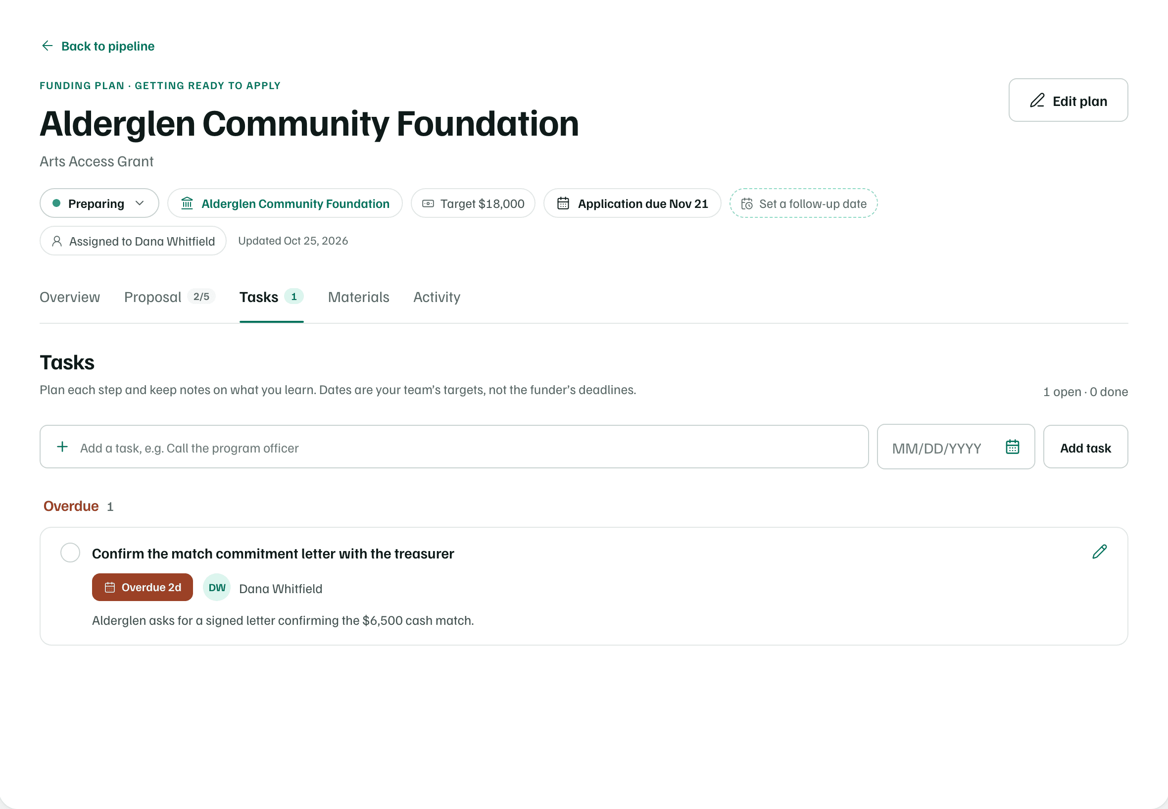 The Tasks tab of a funding record, with a line for adding a task and an overdue task with its owner and notes.