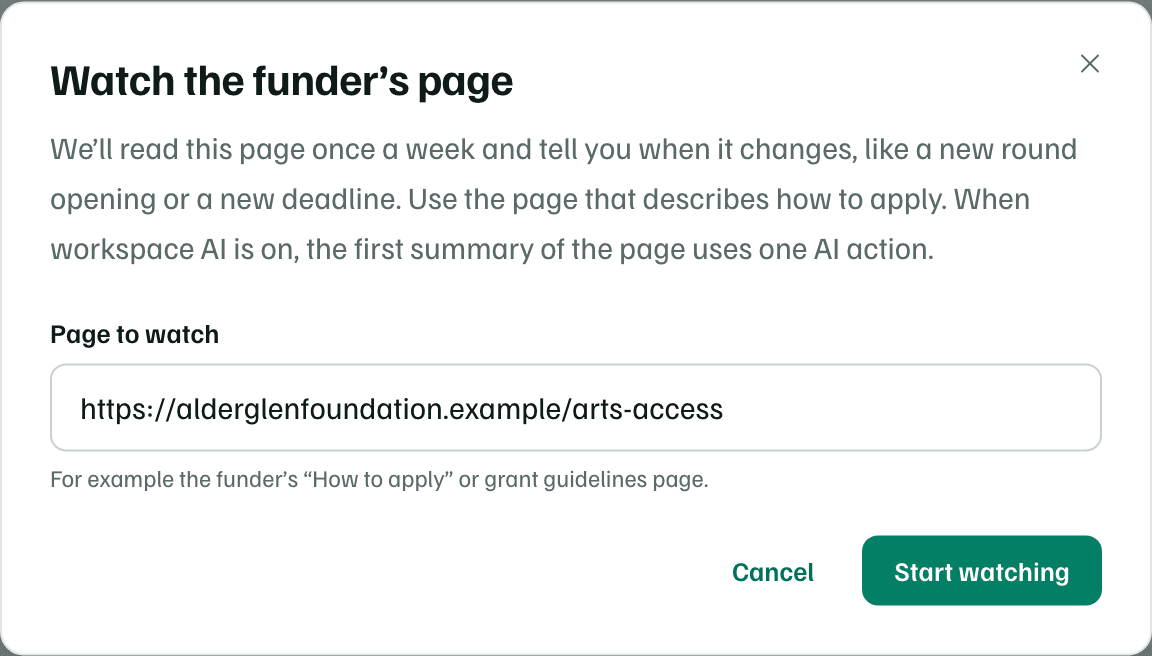 The Watch the funder's page dialog, explaining the weekly check, with the record's guidelines link as the page to watch and a Start watching button.