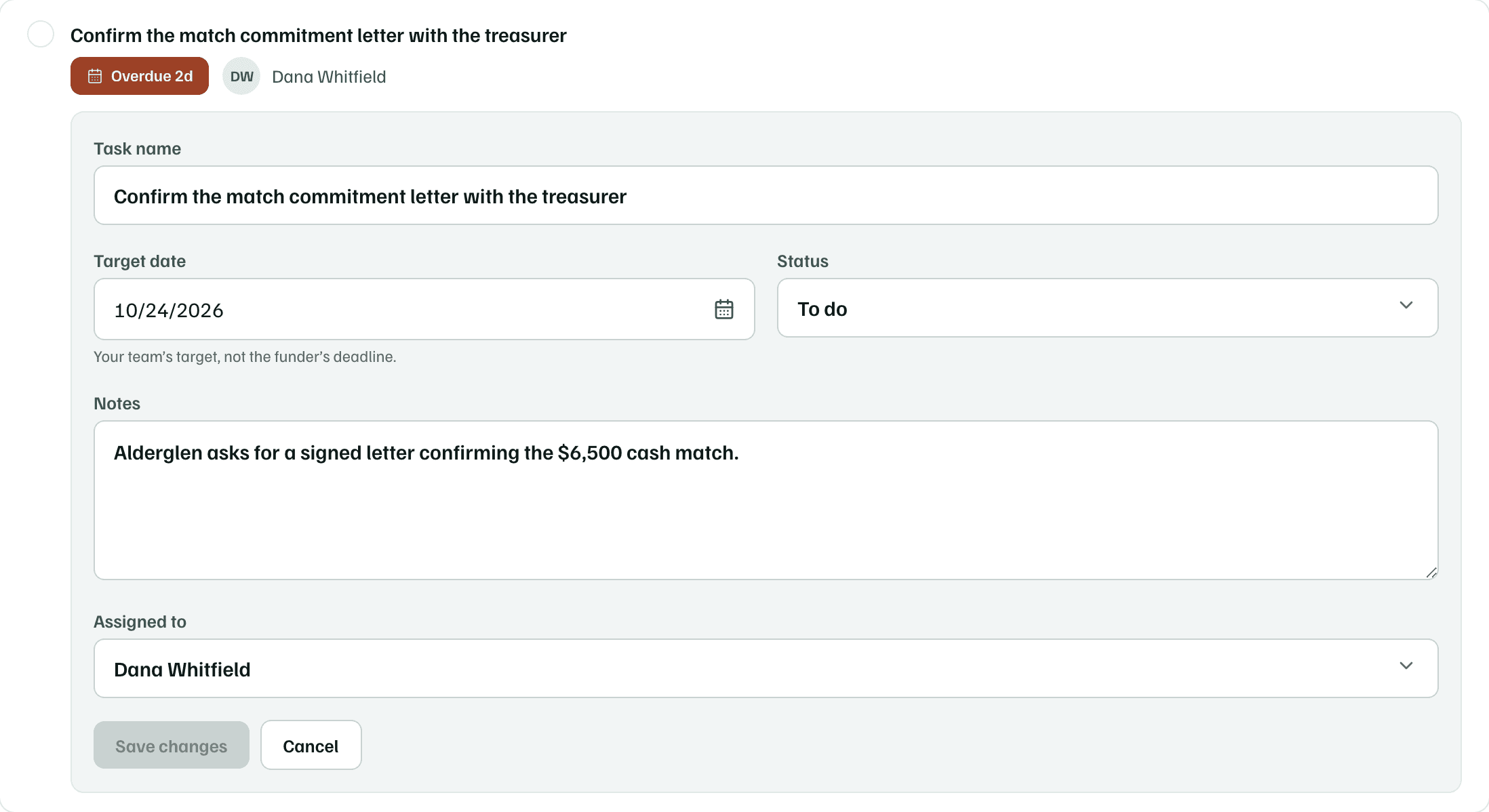 A task open for editing on a funding record's Tasks tab, with its name, target date, status, notes and who it's assigned to.