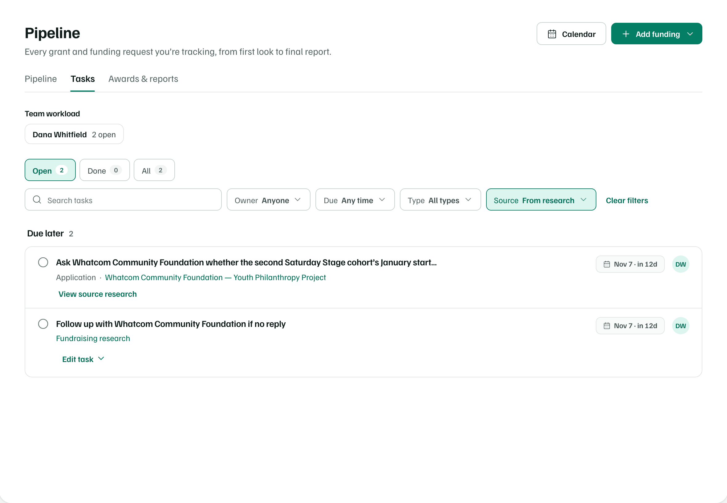 The Tasks view filtered to tasks from research, each linking back to the research it came from.